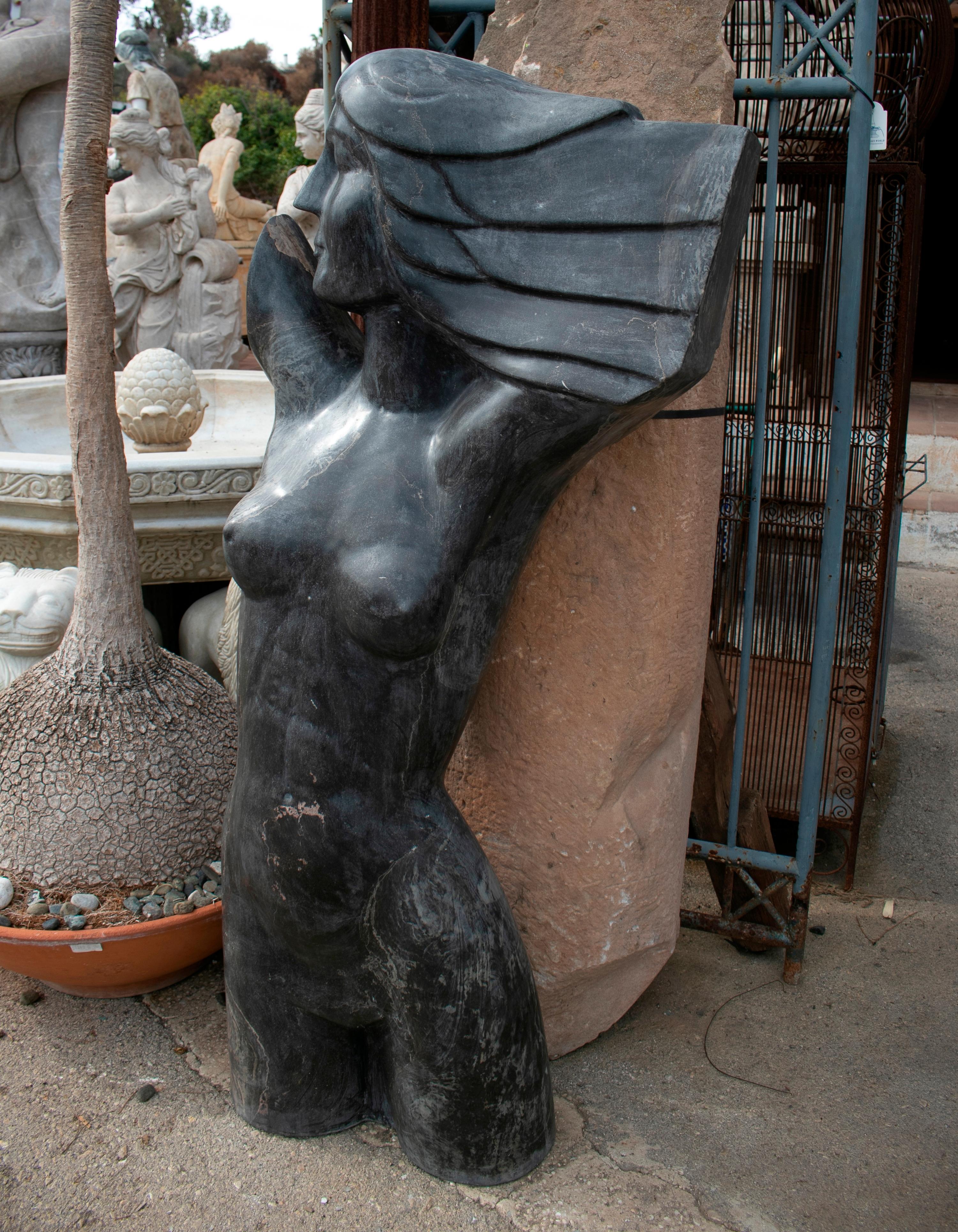 1970s Spanish Modern Abstract Woman Torso Sculpture in Belgium Black Marble In Good Condition In Marbella, ES