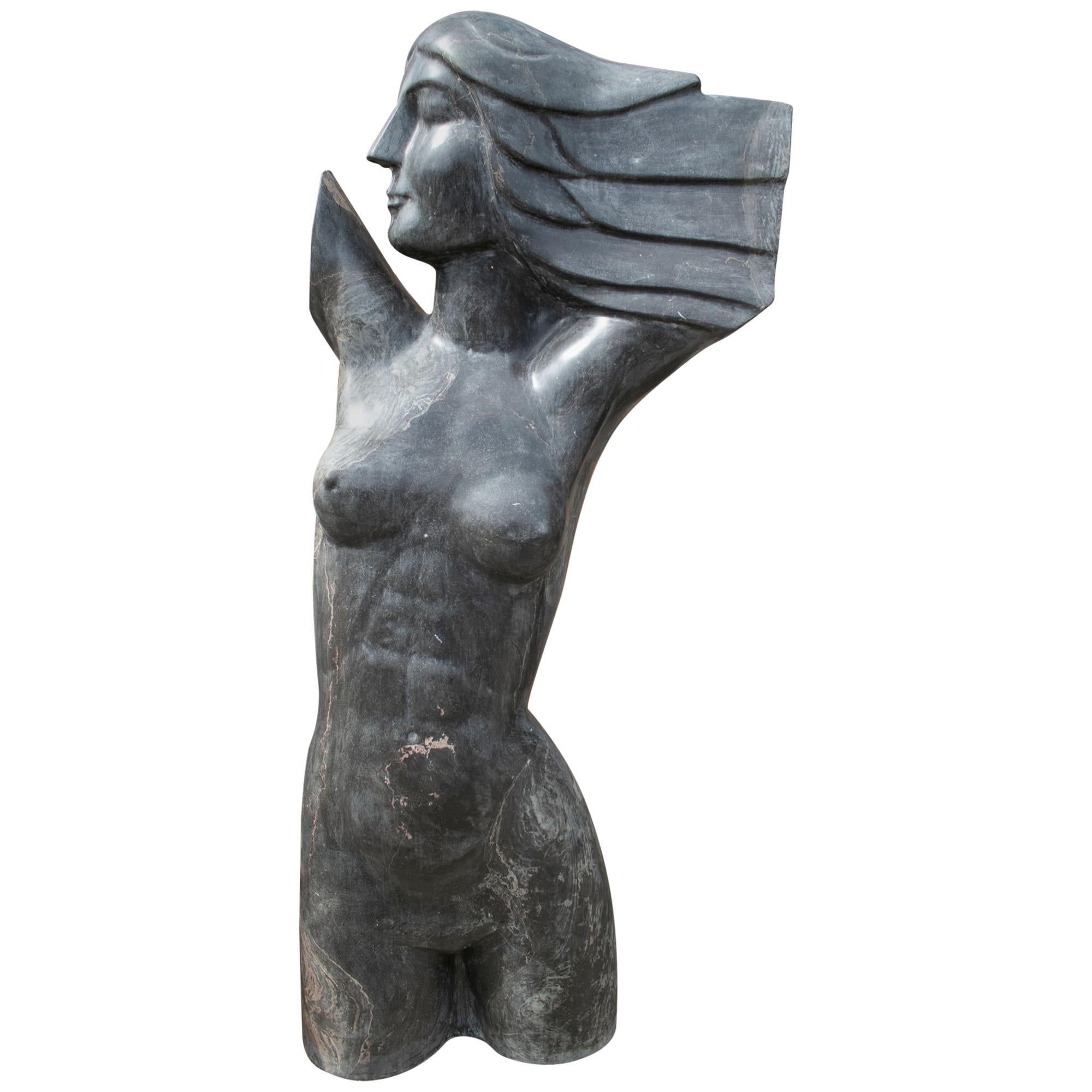 1970s Spanish Modern Abstract Woman Torso Sculpture in Belgium Black Marble