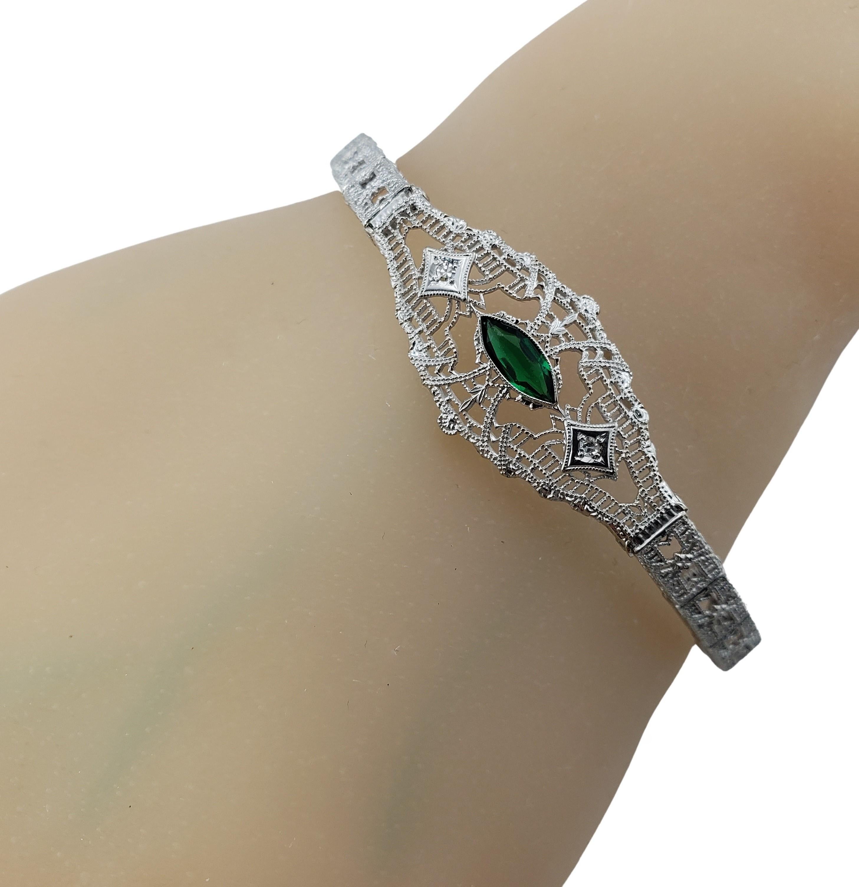 Esemco 10 Karat White Gold Filigree, Diamond Simulated Emerald Bracelet #20075 For Sale 5