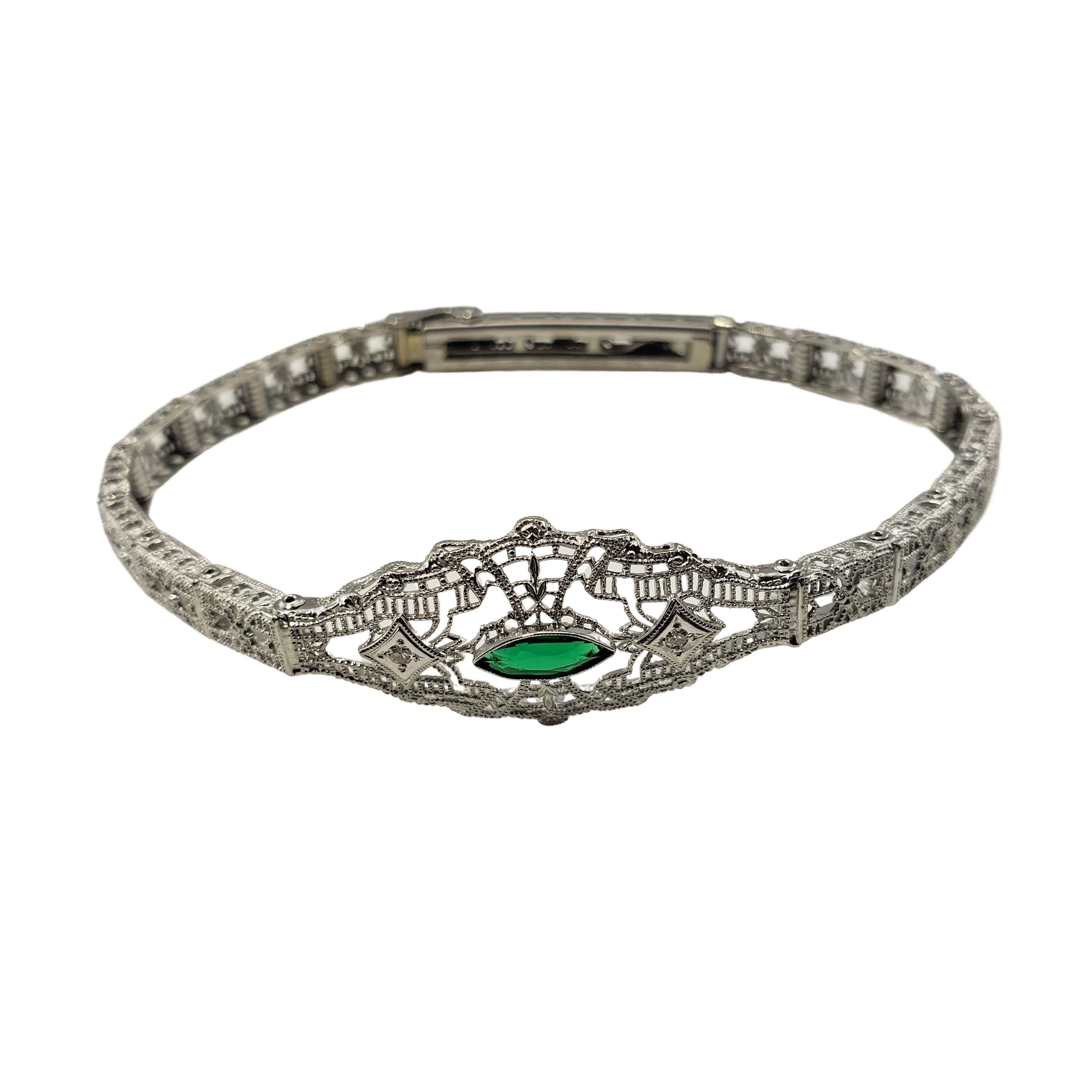 Single Cut Esemco 10 Karat White Gold Filigree, Diamond Simulated Emerald Bracelet #20075 For Sale