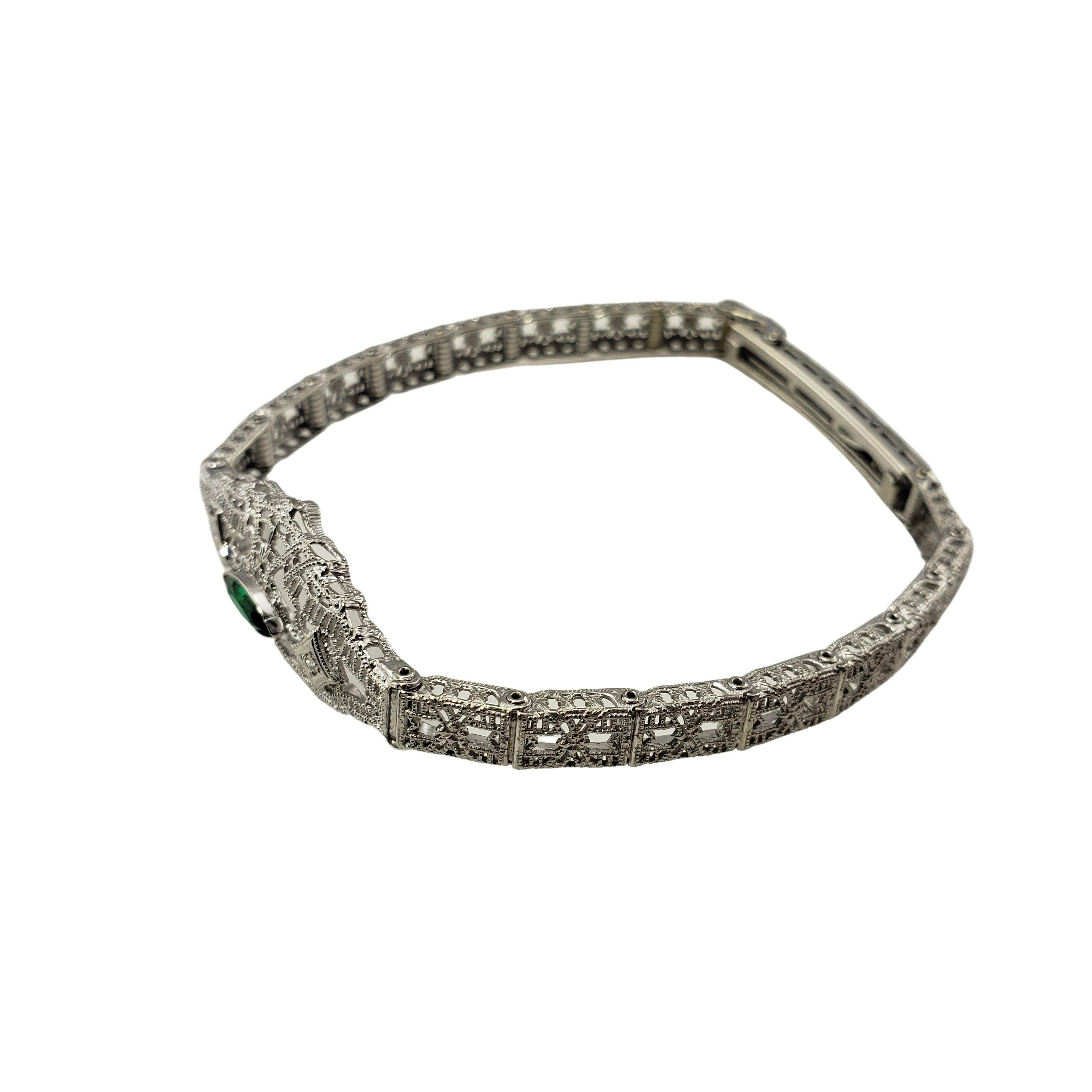 Women's Esemco 10 Karat White Gold Filigree, Diamond Simulated Emerald Bracelet #20075 For Sale
