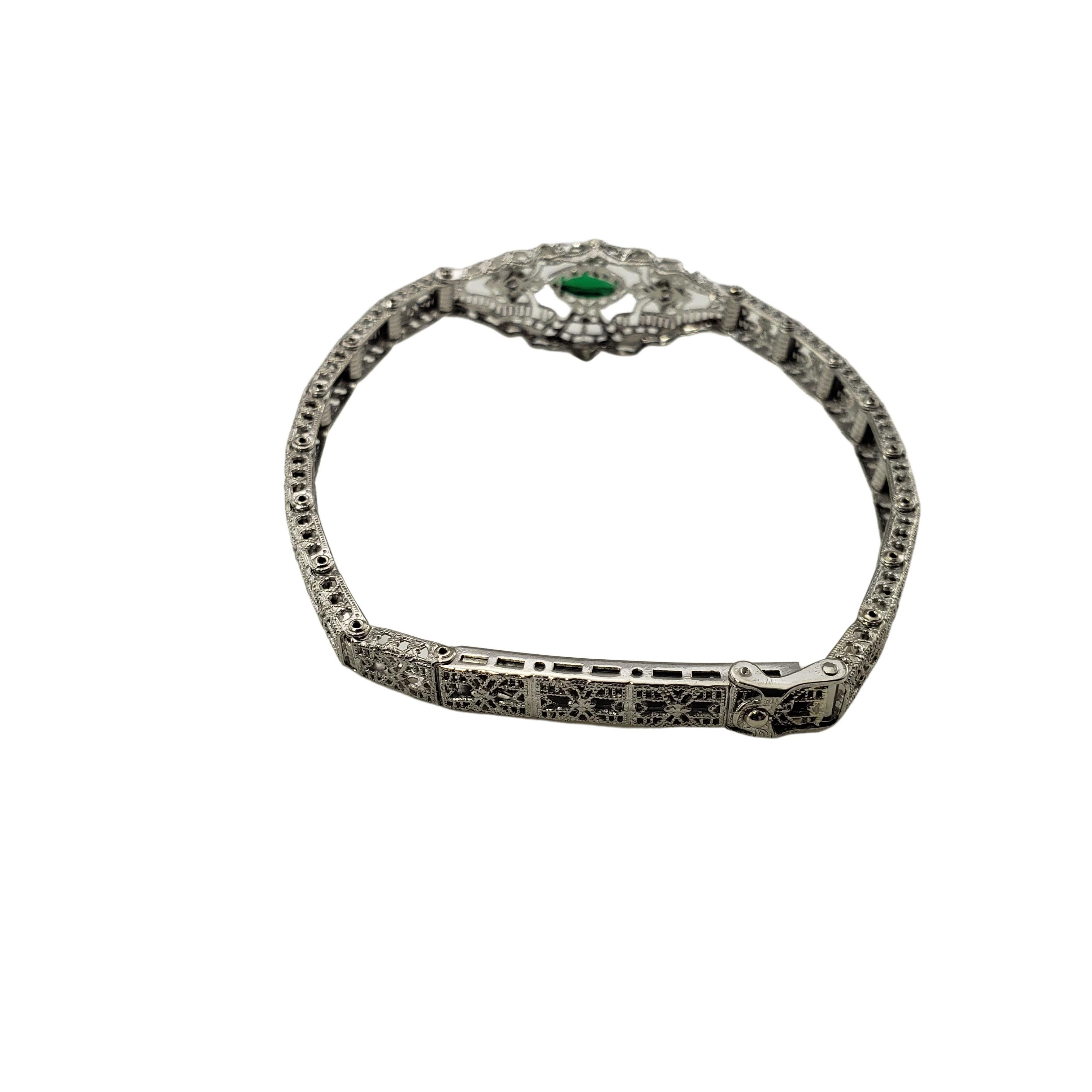 Esemco 10 Karat White Gold Filigree, Diamond Simulated Emerald Bracelet #20075 For Sale 1