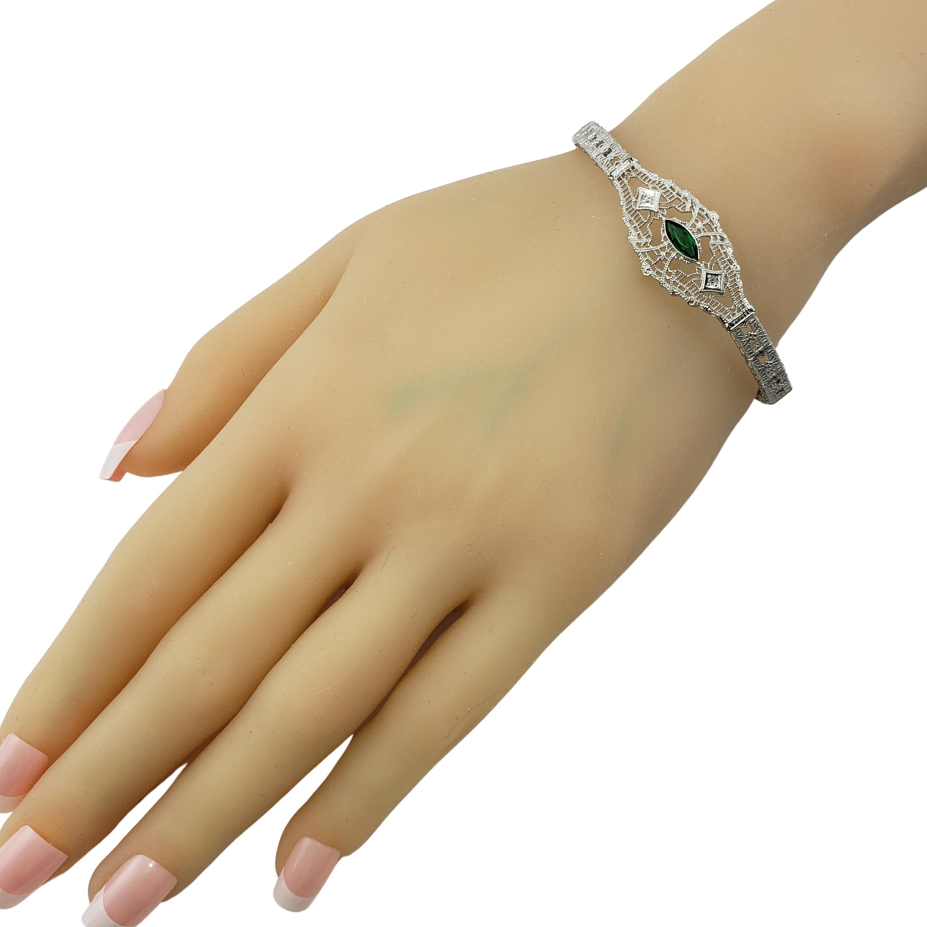 Esemco 10 Karat White Gold Filigree, Diamond Simulated Emerald Bracelet #20075 For Sale 4