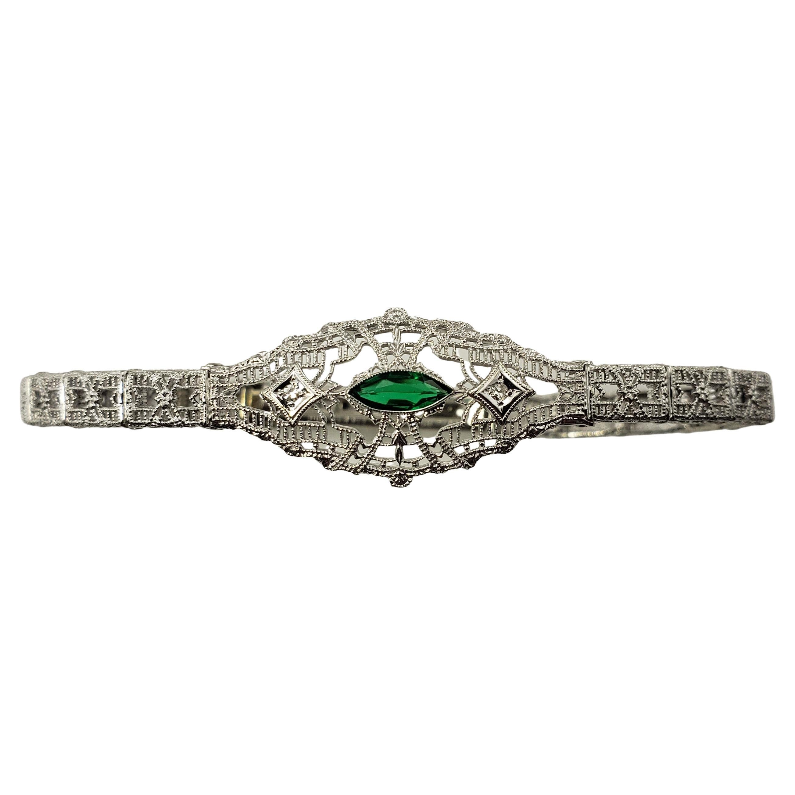 Esemco 10 Karat White Gold Filigree, Diamond Simulated Emerald Bracelet #20075 For Sale