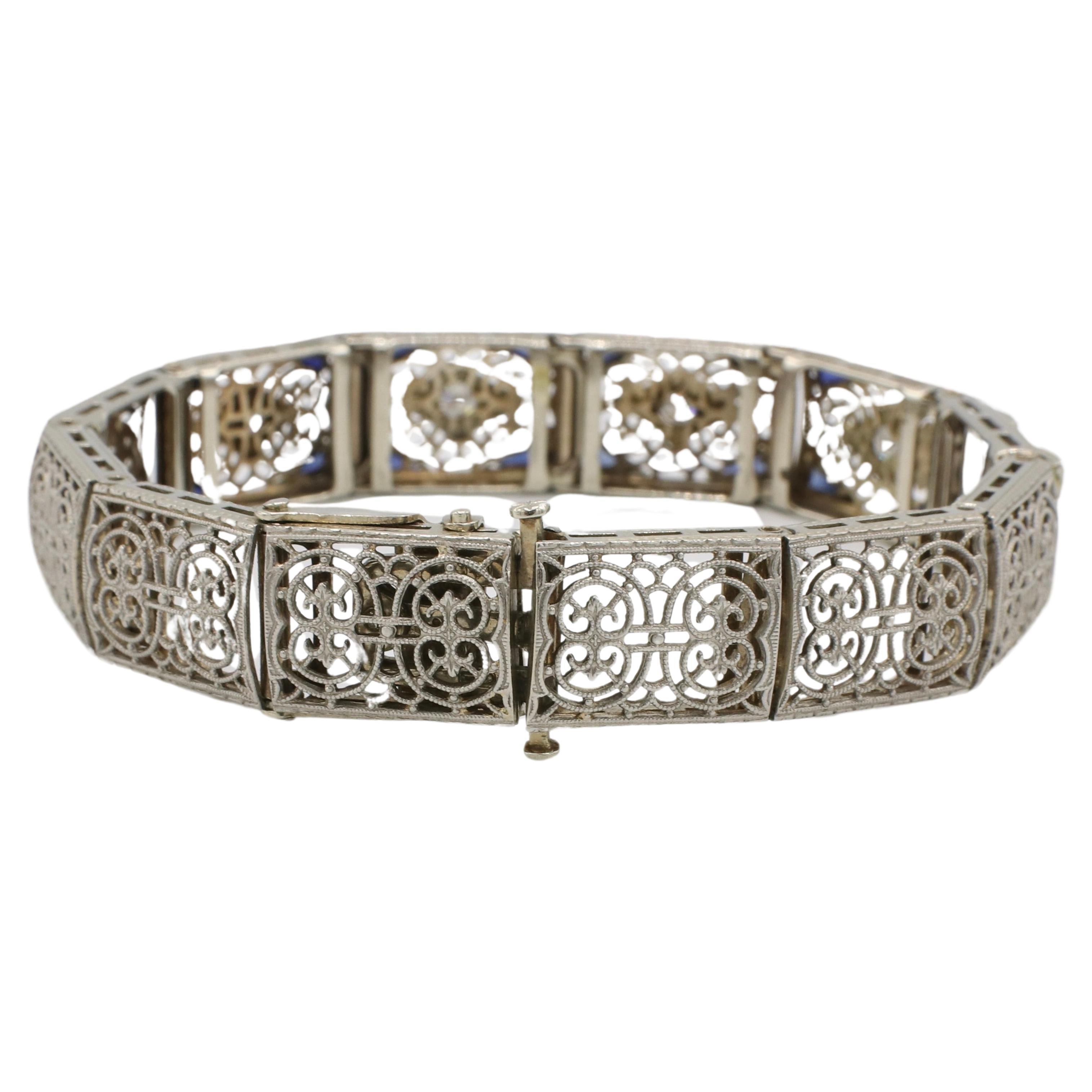 Round Cut Esemco Art Deco Gold & Platinum Natural Diamond & Sapphire Filigree Bracelet  For Sale