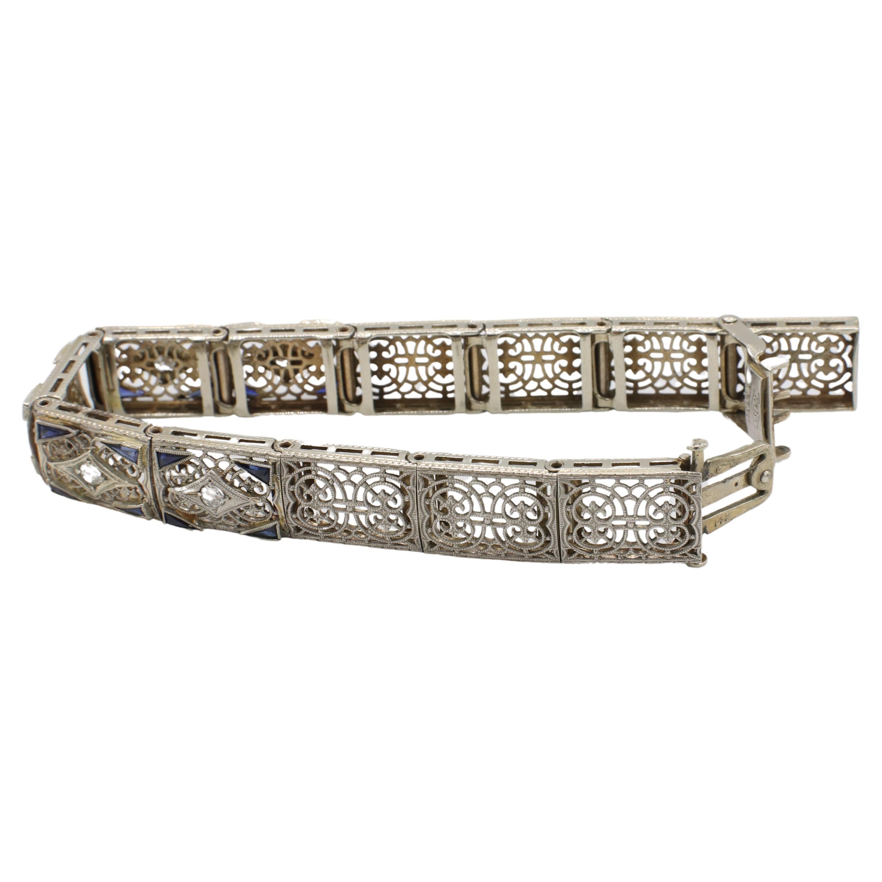 Esemco Art Deco Gold & Platinum Natural Diamond & Sapphire Filigree Bracelet  In Good Condition For Sale In  Baltimore, MD