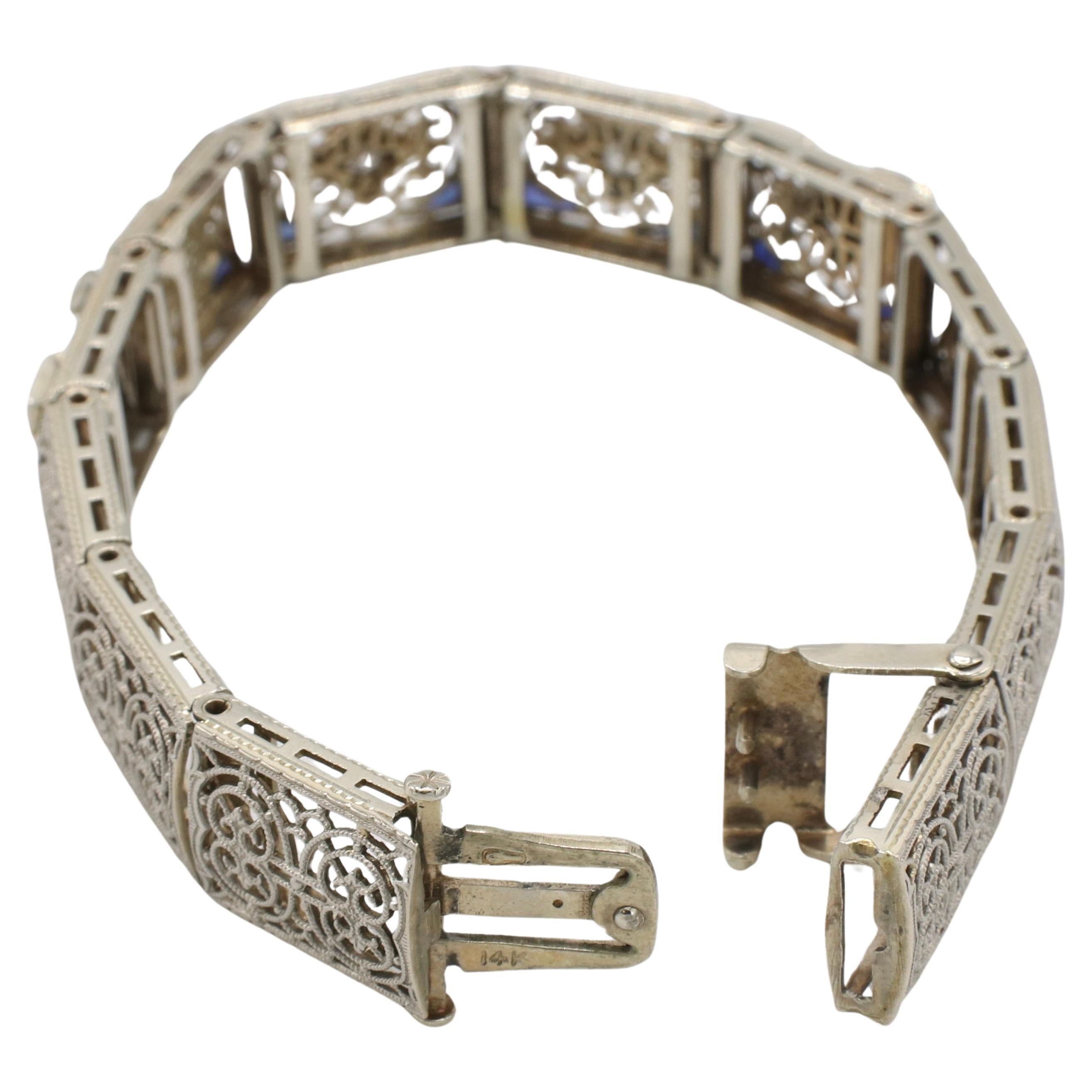 Women's or Men's Esemco Art Deco Gold & Platinum Natural Diamond & Sapphire Filigree Bracelet  For Sale