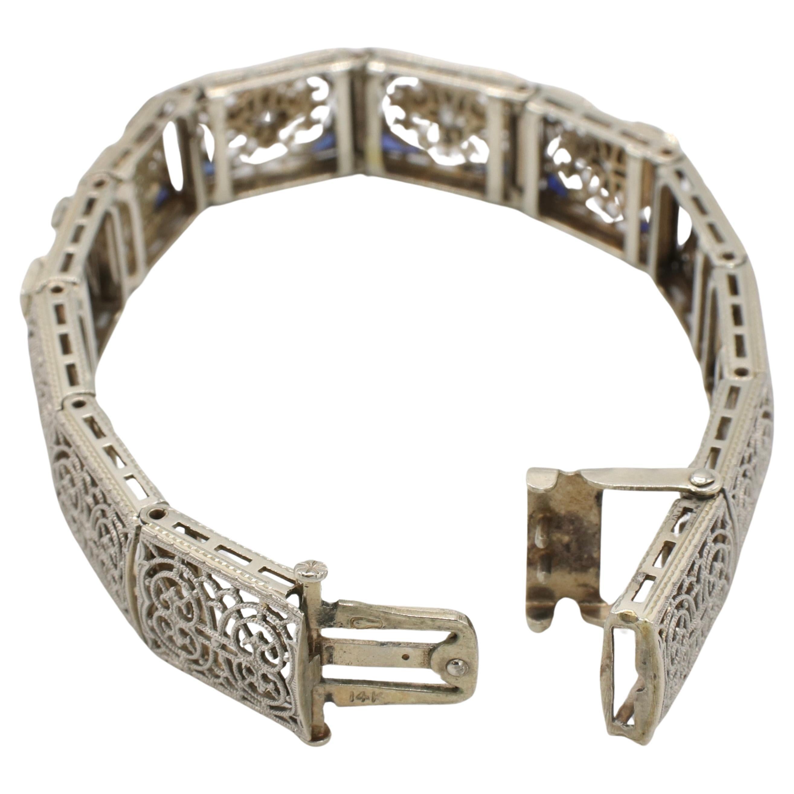 Esemco Art Deco Gold & Platin Naturdiamant & Saphir Filigranarmband im Zustand „Gut“ in  Baltimore, MD