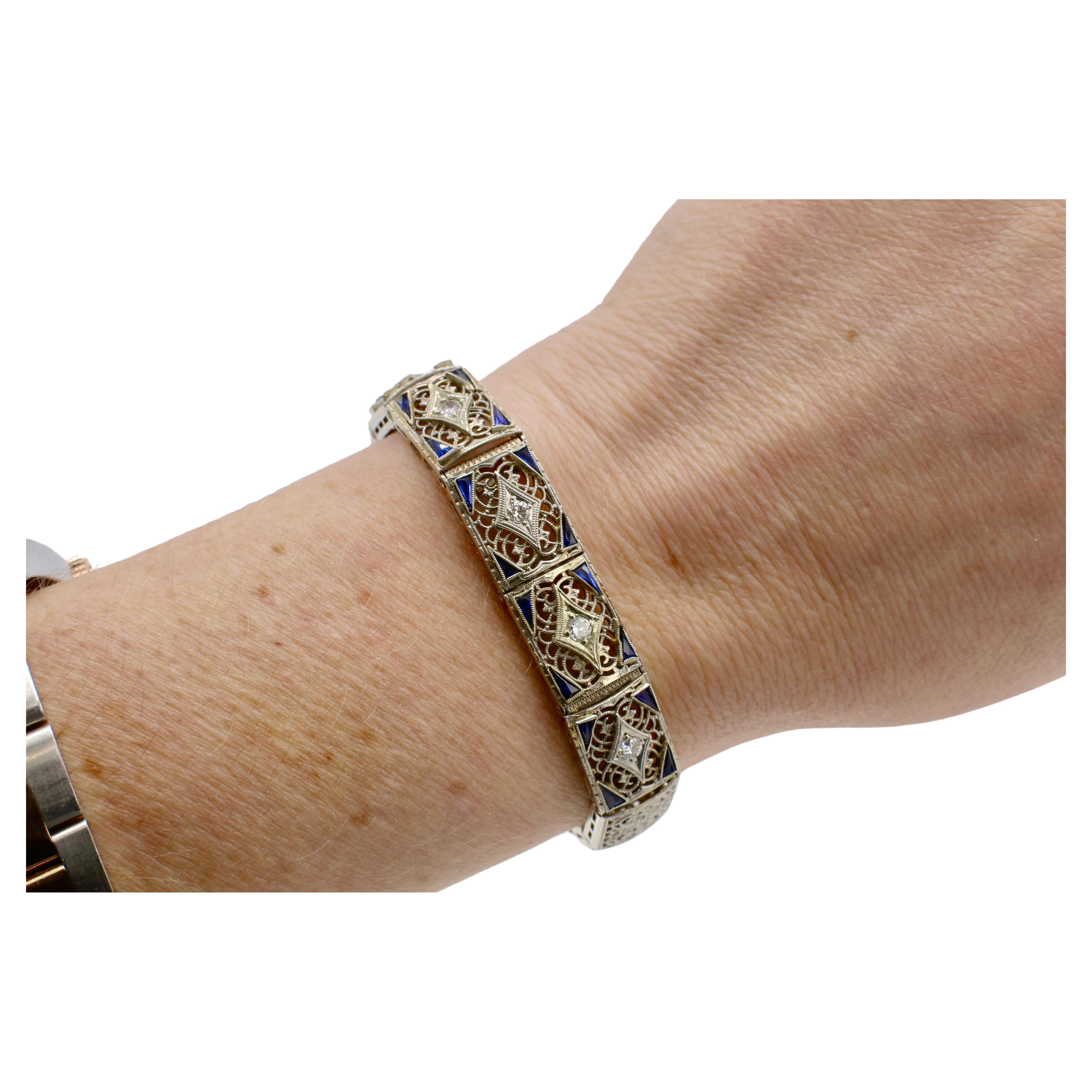 Esemco Art Deco Gold & Platinum Natural Diamond & Sapphire Filigree Bracelet  For Sale 1