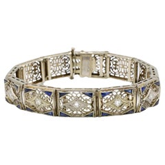 Bracciale Esemco Art Deco in oro e platino con diamanti naturali e zaffiri in filigrana
