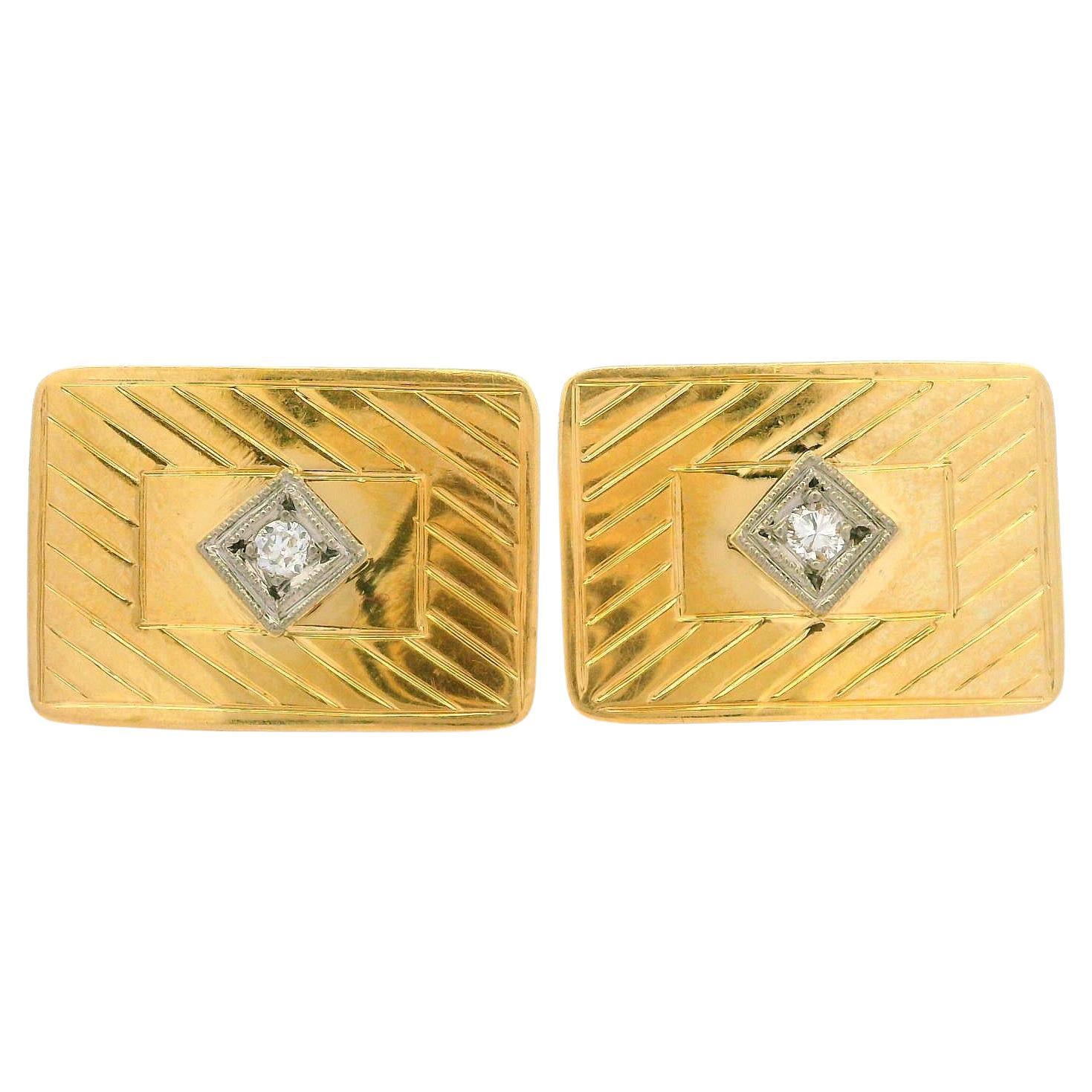 Esemco Vintage 14k Yellow Gold 0.06ctw Diamond Rectangular Etched Cufflinks