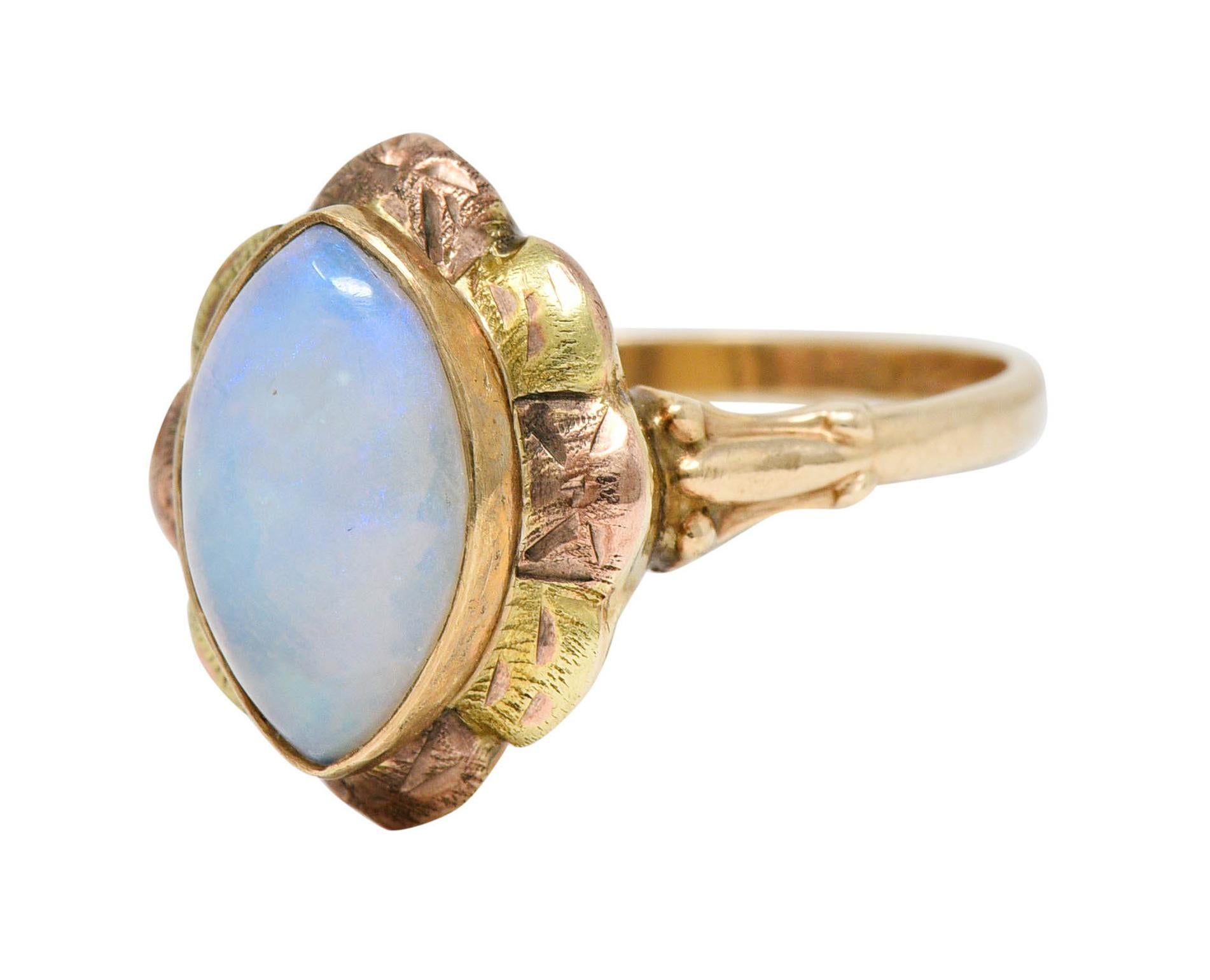 Cabochon Esemco Vintage Victorian Revival Opal Tri-Colored 10 Karat Gold Navette Ring