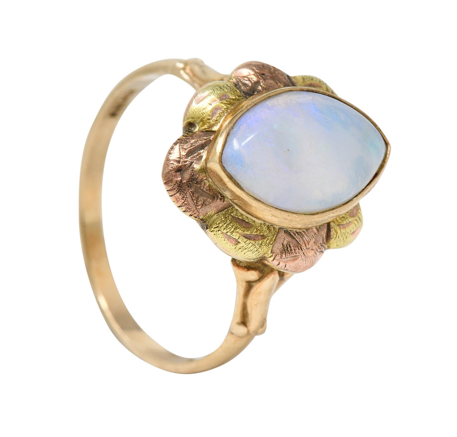 Esemco Vintage Victorian Revival Opal Tri-Colored 10 Karat Gold Navette Ring 1