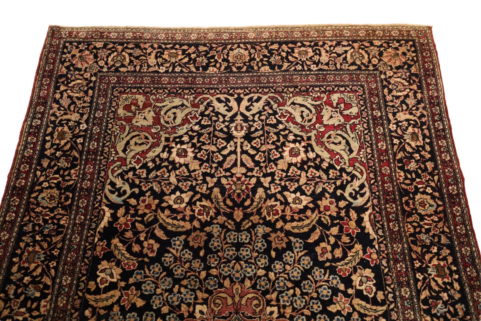 Hand-Knotted Esfahan Antique Rug, Beige Blue Red Black - 4 x 6 For Sale