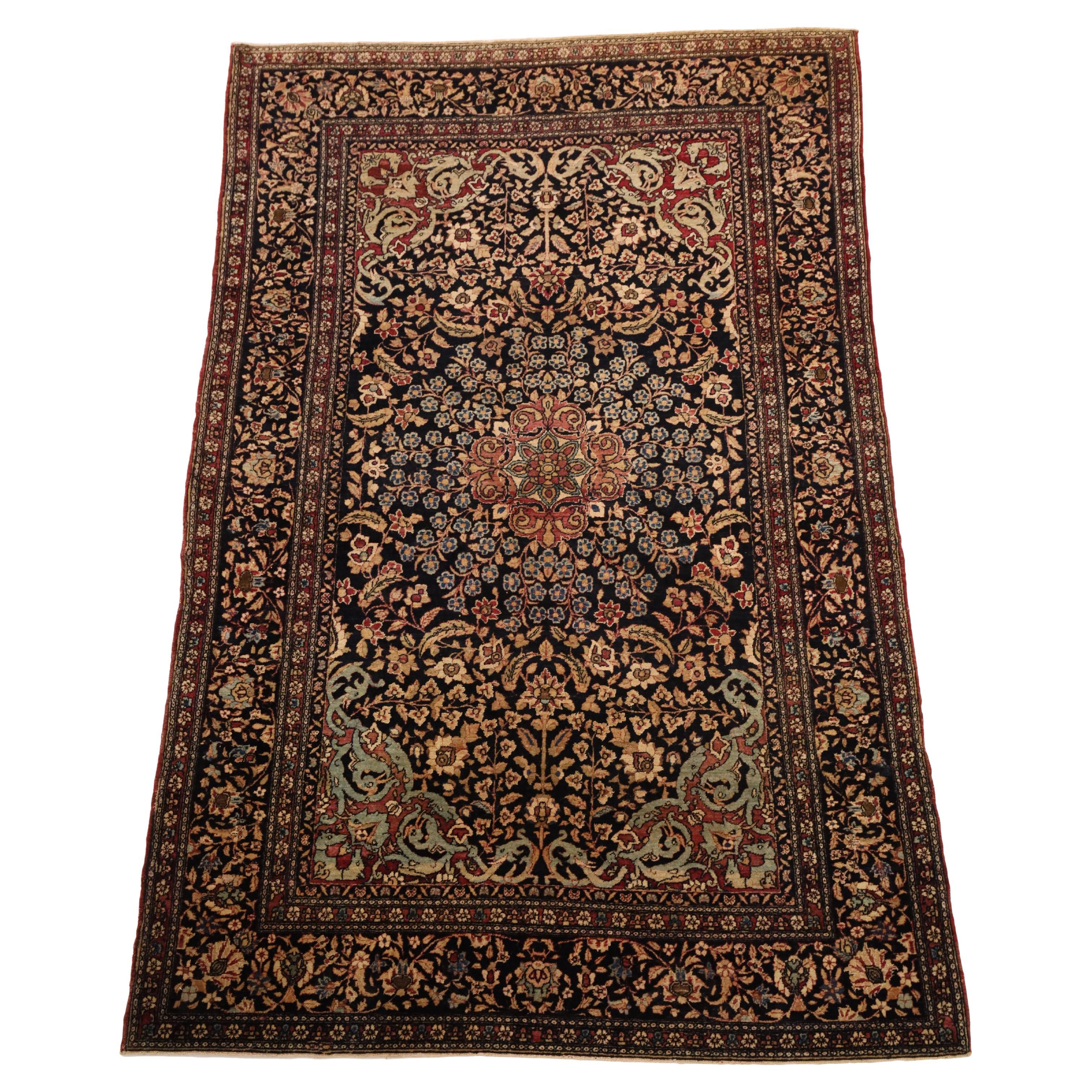 Antiker Esfahan-Teppich, beige, blau, rot und schwarz - 4 x 6 im Angebot