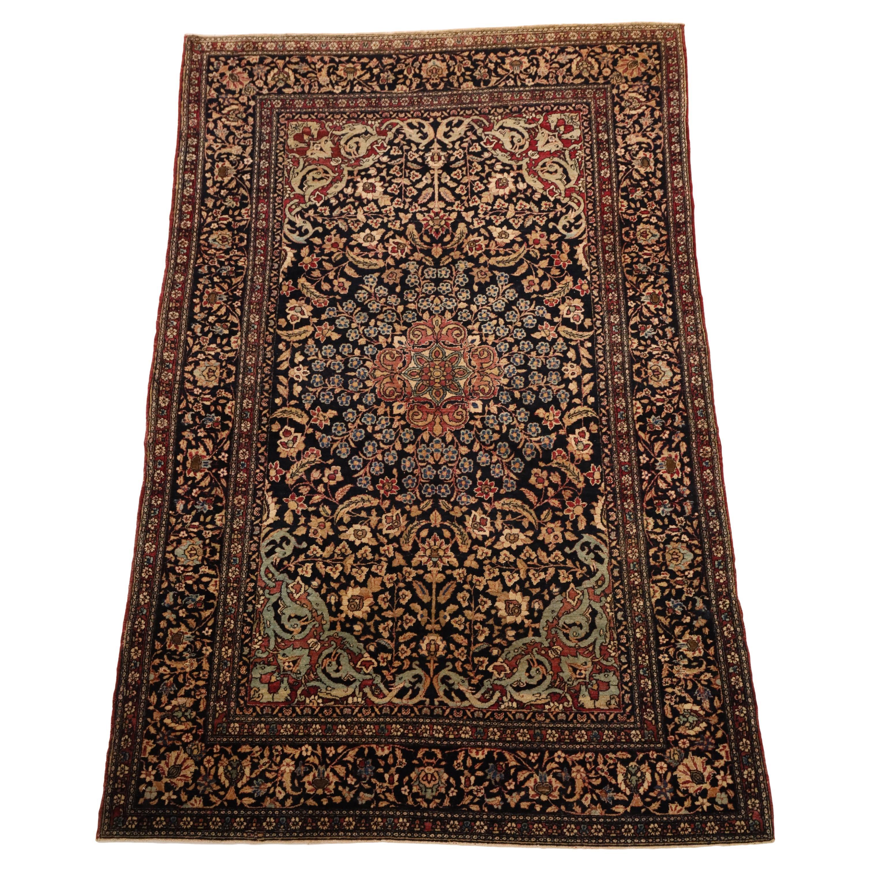 Esfahan Antique Rug, Beige Blue Red Black - 4 x 6 For Sale