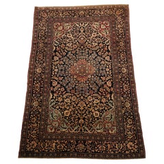 Tapis ancien d'Ispahan, beige bleu rouge noir - 4 x 6