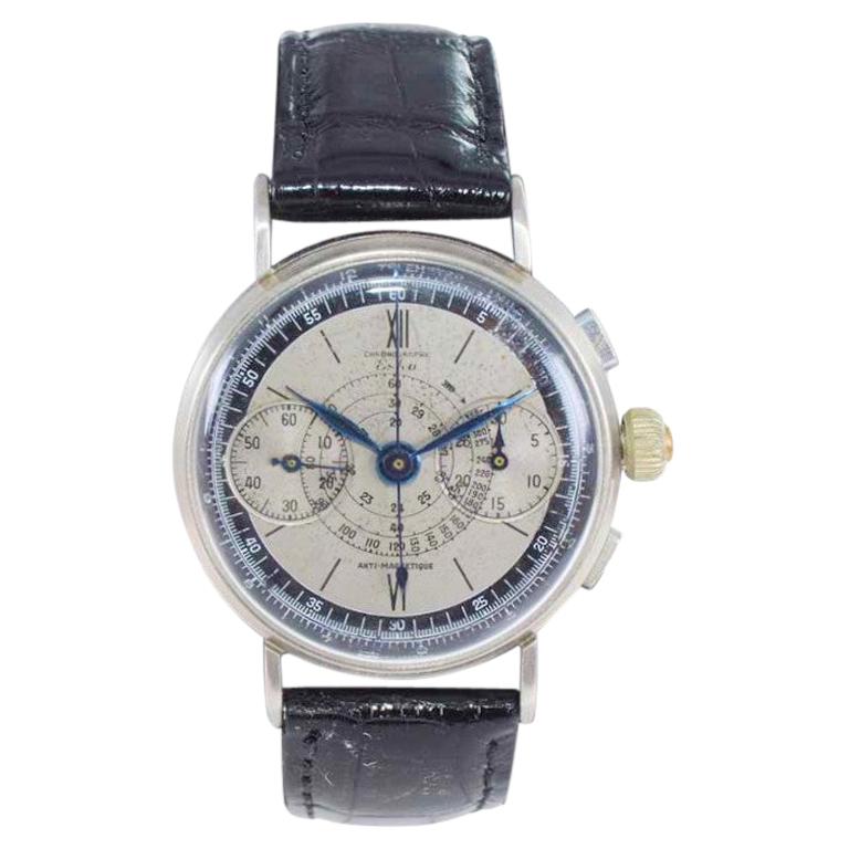 Eska Nickel Silver Rare Two Register Chronograph with Original Dial, circa 1940s For Sale