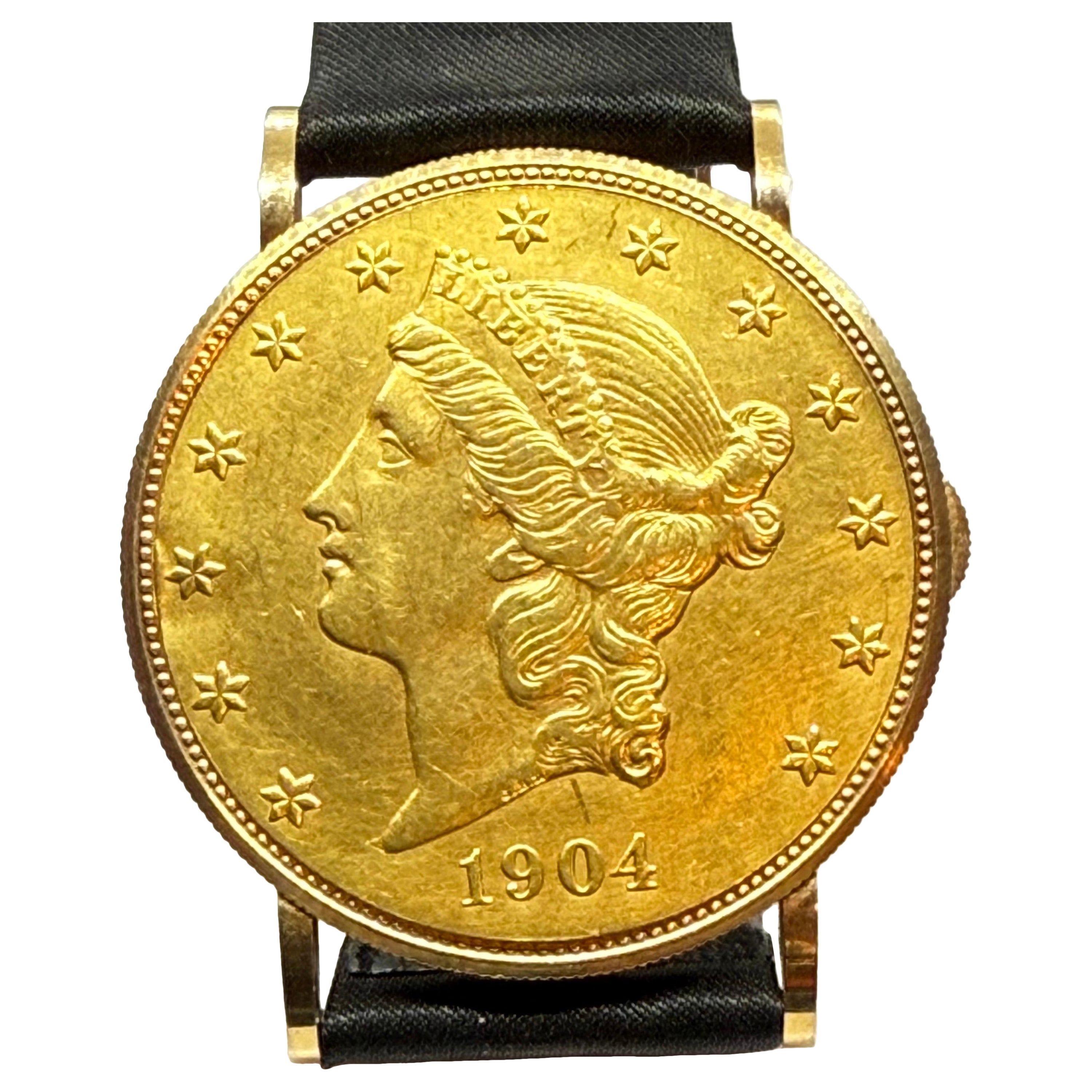 Eska Vintage 22K Yellow Gold Coin Watch 34mm Head Original Leather Strap Buckle