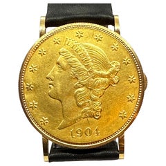 Eska Vintage 22K Yellow Gold Coin Watch 34mm Head Original Leather Strap Buckle