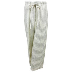 Eskandar Cream Linen Woven Stripe Drawstring Waist Trouser New