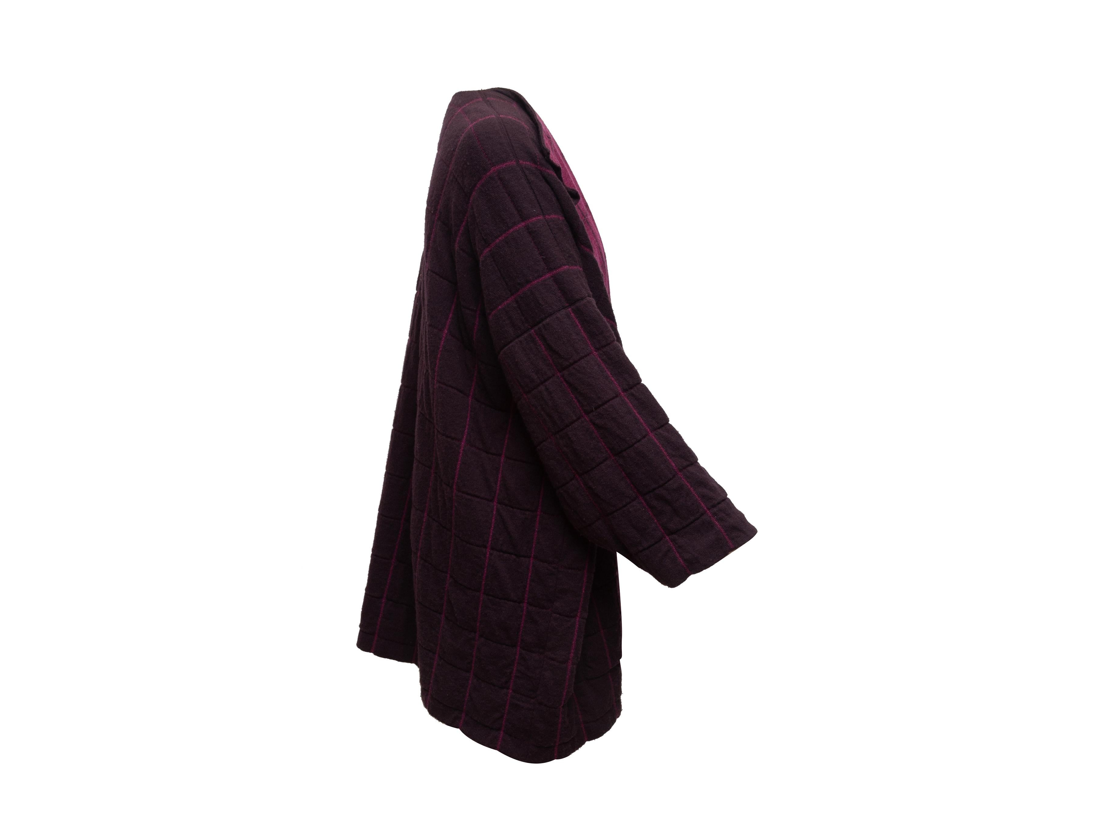Product details: Plum and fuchsia cashmere cardigan by Eskandar. Grid pattern throughout. Open front. 36