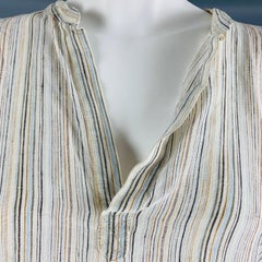 ESKANDAR Size 0 White Blue Linen Stripe Long placket Casual Top