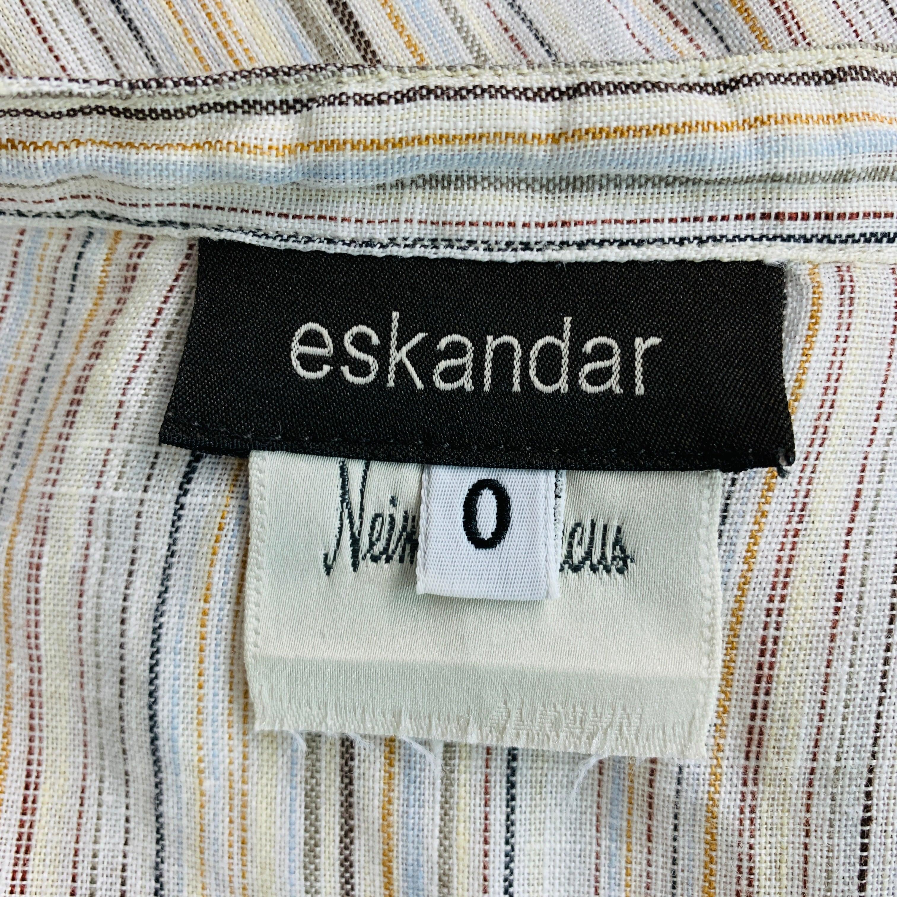 ESKANDAR Size 0 White Blue Linen Stripe Long placket Casual Top For Sale 1
