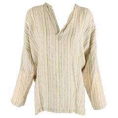 ESKANDAR Größe 0 Weiß Blau Leinenstreifen Lange Schatulle Casual Top