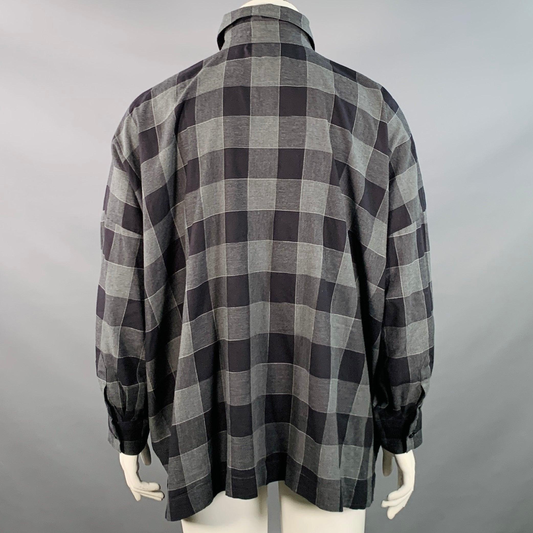 ESKANDAR Talla L Negro Carbón Algodón Sobredimensionado Camisa Cuello Punto Cuadros en Excelente estado para la venta en San Francisco, CA