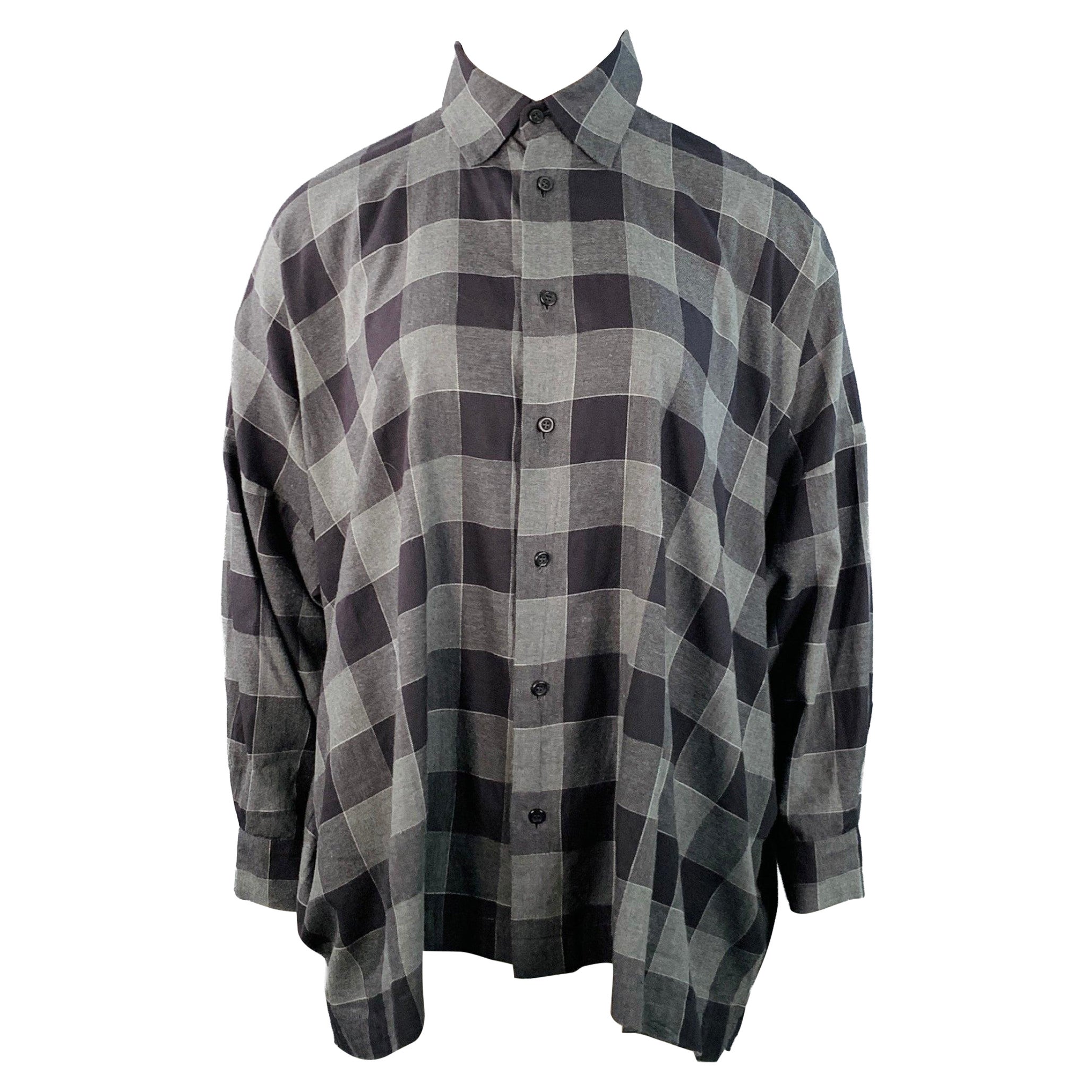 ESKANDAR Talla L Negro Carbón Algodón Sobredimensionado Camisa Cuello Punto Cuadros en venta