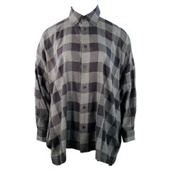Eskandar Size L Black Charcoal Cotton Oversized Checkered Point Collar Shirt