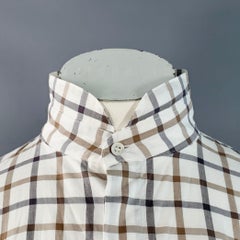 Eskandar Taglia L Bianco Marrone Cotone Griglia Camicia Oversize Bottoni Nascosti