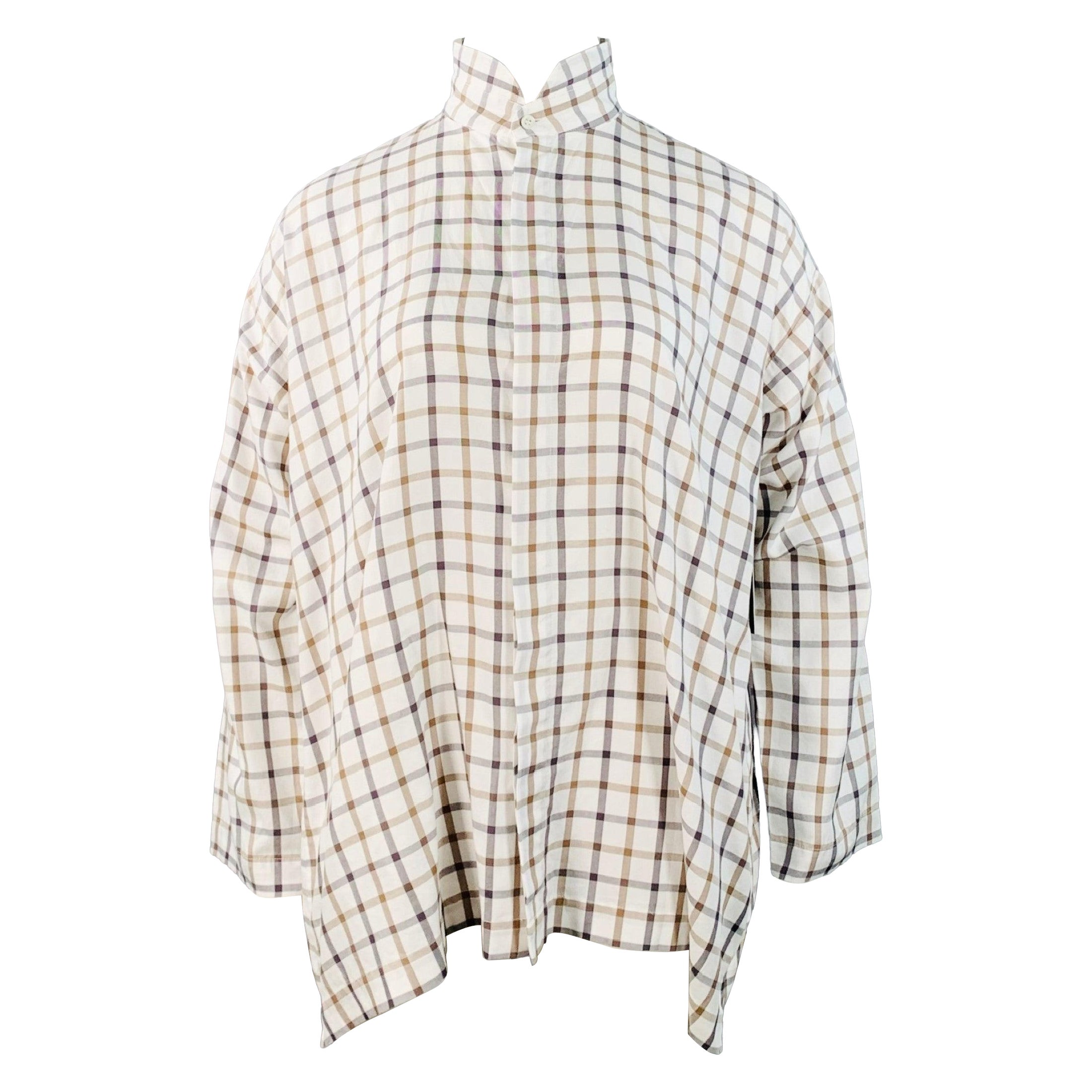 ESKANDAR Size L White Brown Cotton Grid Oversized Hidden Buttons Shirt For Sale