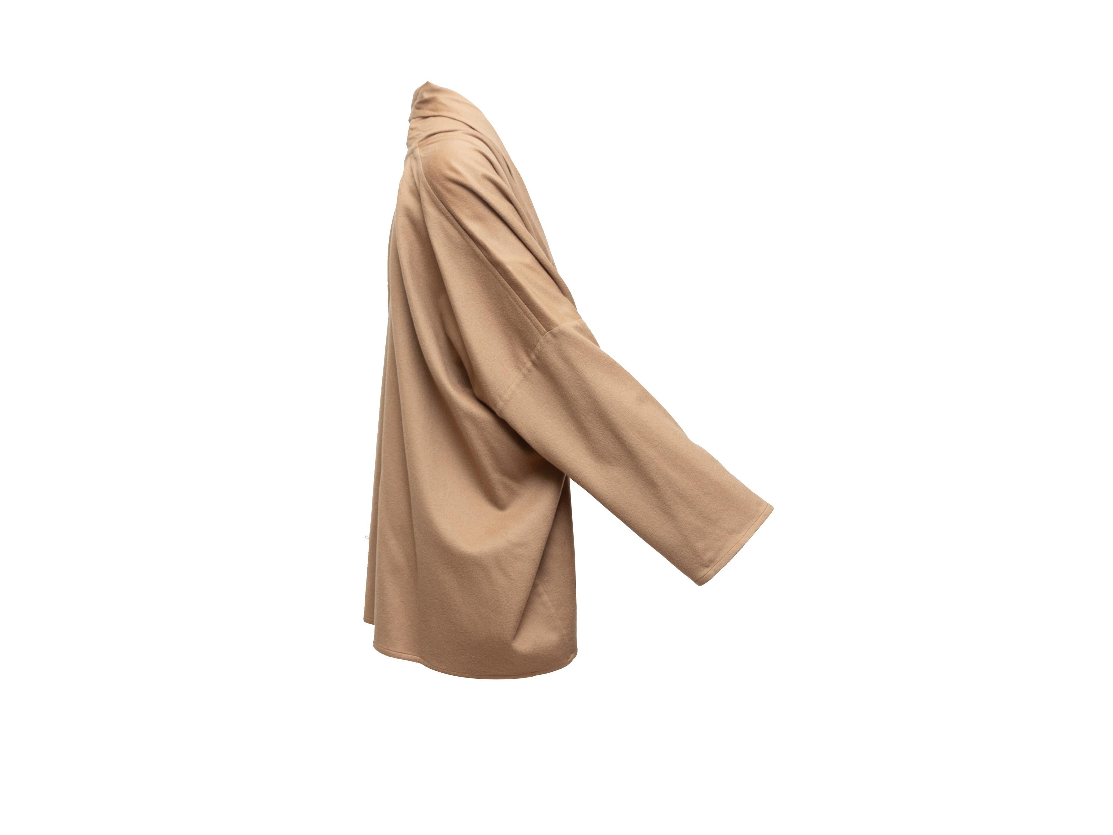 Product details: Tan cashmere open front draped jacket by Eskandar. 33.5
