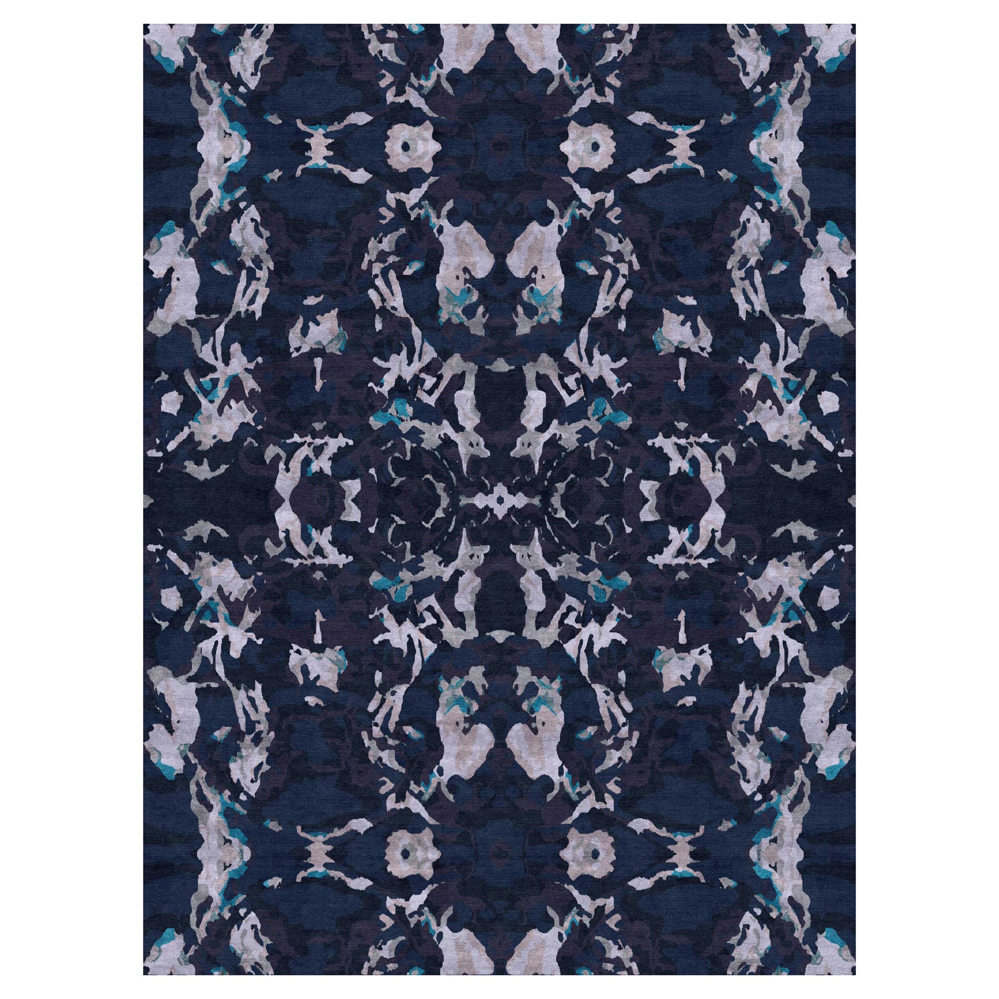 Huerfano, Marineblauer Teppich, Merinowolle/Seide Kreuzgewebe vonkayel im Angebot