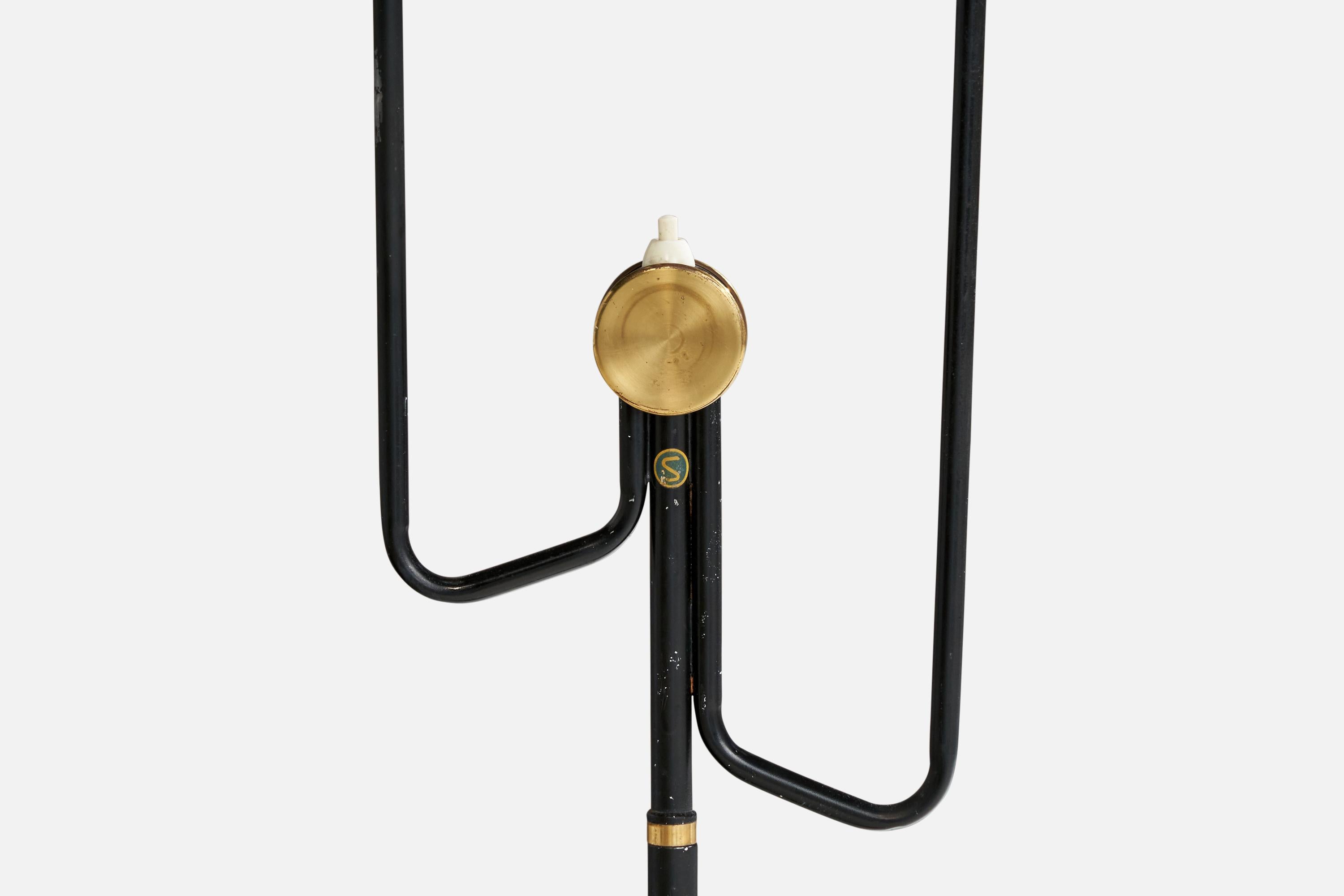 Milieu du XXe siècle Lampadaire Eskilstuna Elektrofabrik, laiton, métal, tissu, Suède, années 1960 en vente