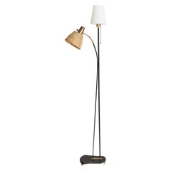 Eskilstuna Elektrofabrik, Stehlampe, Messing, Metall, Rattan, Stoff, Schweden, 1950