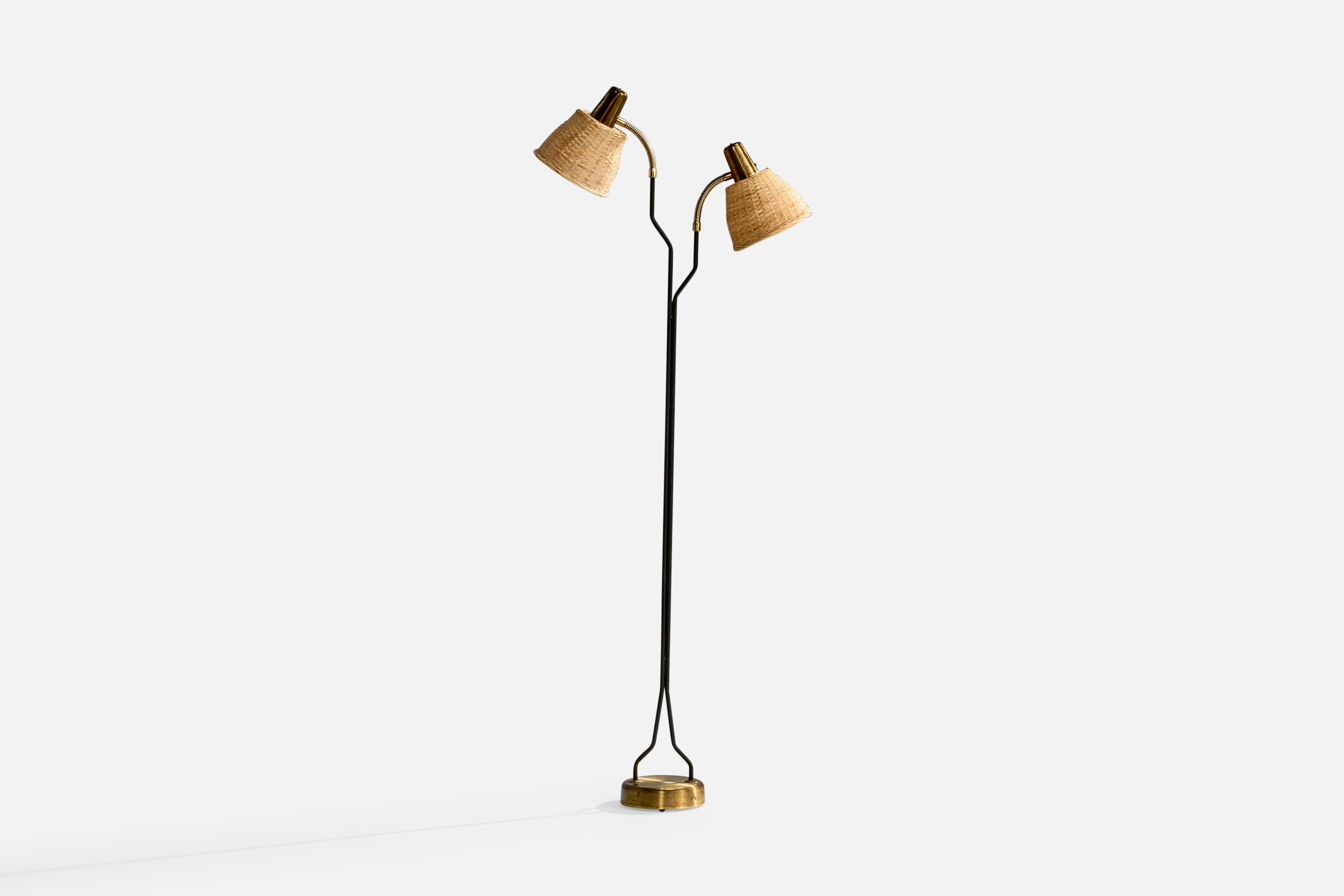 Mid-Century Modern Eskilstuna Elektrofabrik, Floor Lamp, Brass, Metal, Rattan, Sweden 1960s For Sale