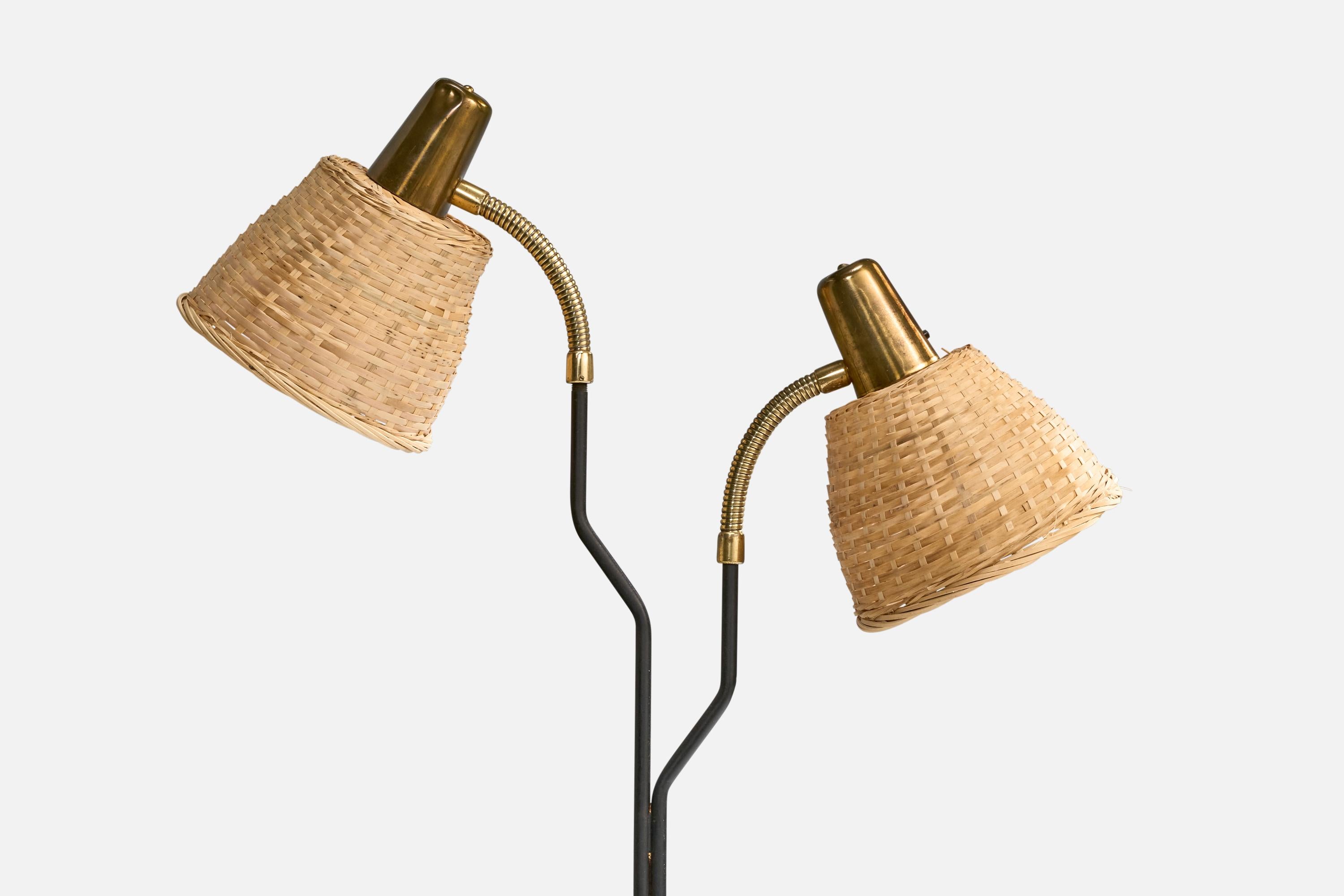 Swedish Eskilstuna Elektrofabrik, Floor Lamp, Brass, Metal, Rattan, Sweden 1960s For Sale