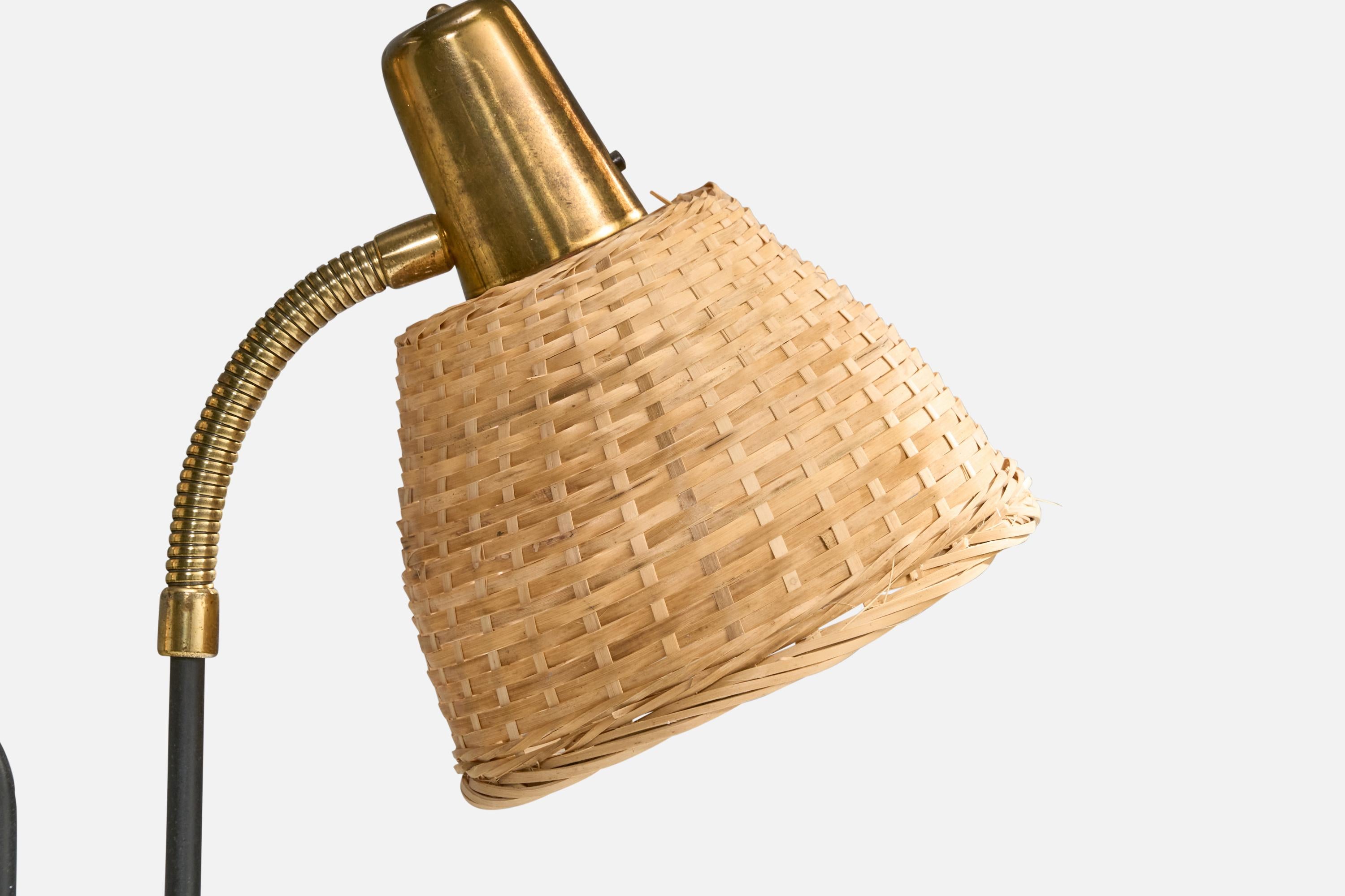 Eskilstuna Elektrofabrik, Floor Lamp, Brass, Metal, Rattan, Sweden 1960s In Good Condition For Sale In High Point, NC