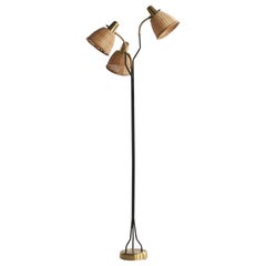 Eskilstuna Elektrofabrik, Stehlampe, Messing, Metall, Rattan, Schweden 1960er Jahre
