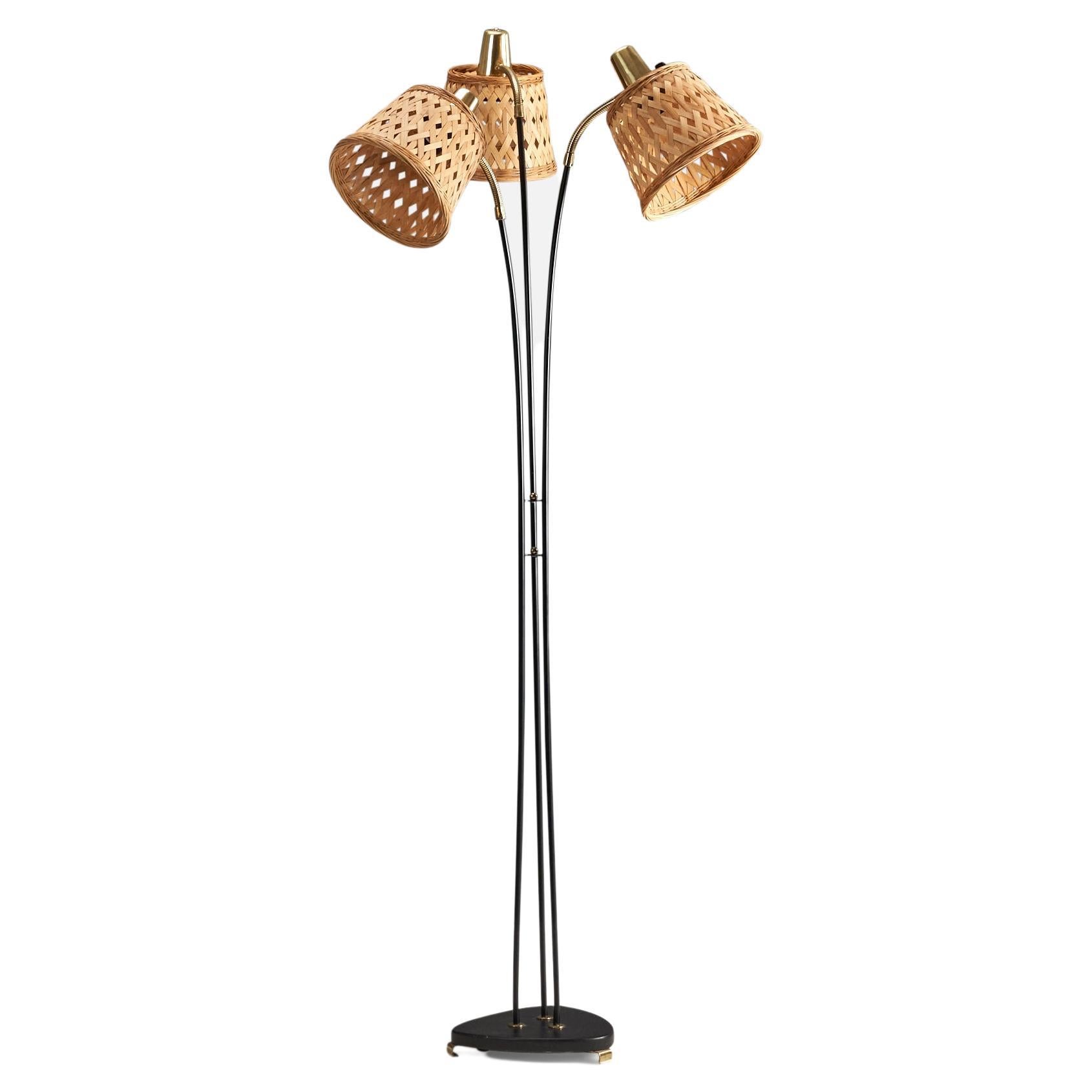 Eskilstuna Elektrofabrik, Floor Lamp, Metal, Brass, Rattan, Sweden, 1950s For Sale