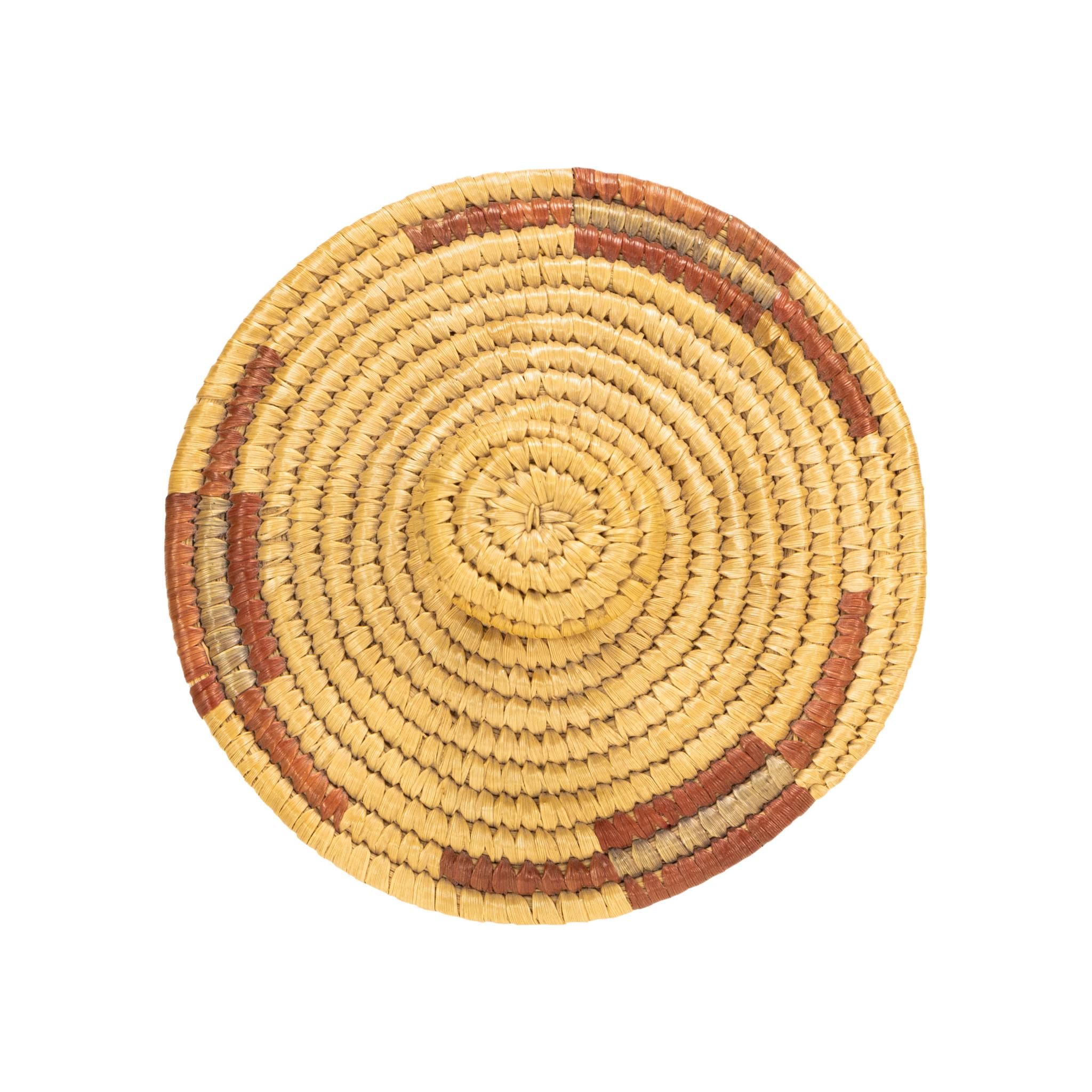 Alaskan Eskimo lidded basket of fine weave with top knot. Tapered to shoulder and then to top. Featuring polychrome geometric designs around body and lid. Beautiful piece, great for display or careful continued use. Mid 20th century. Size: 7”H x 6”D