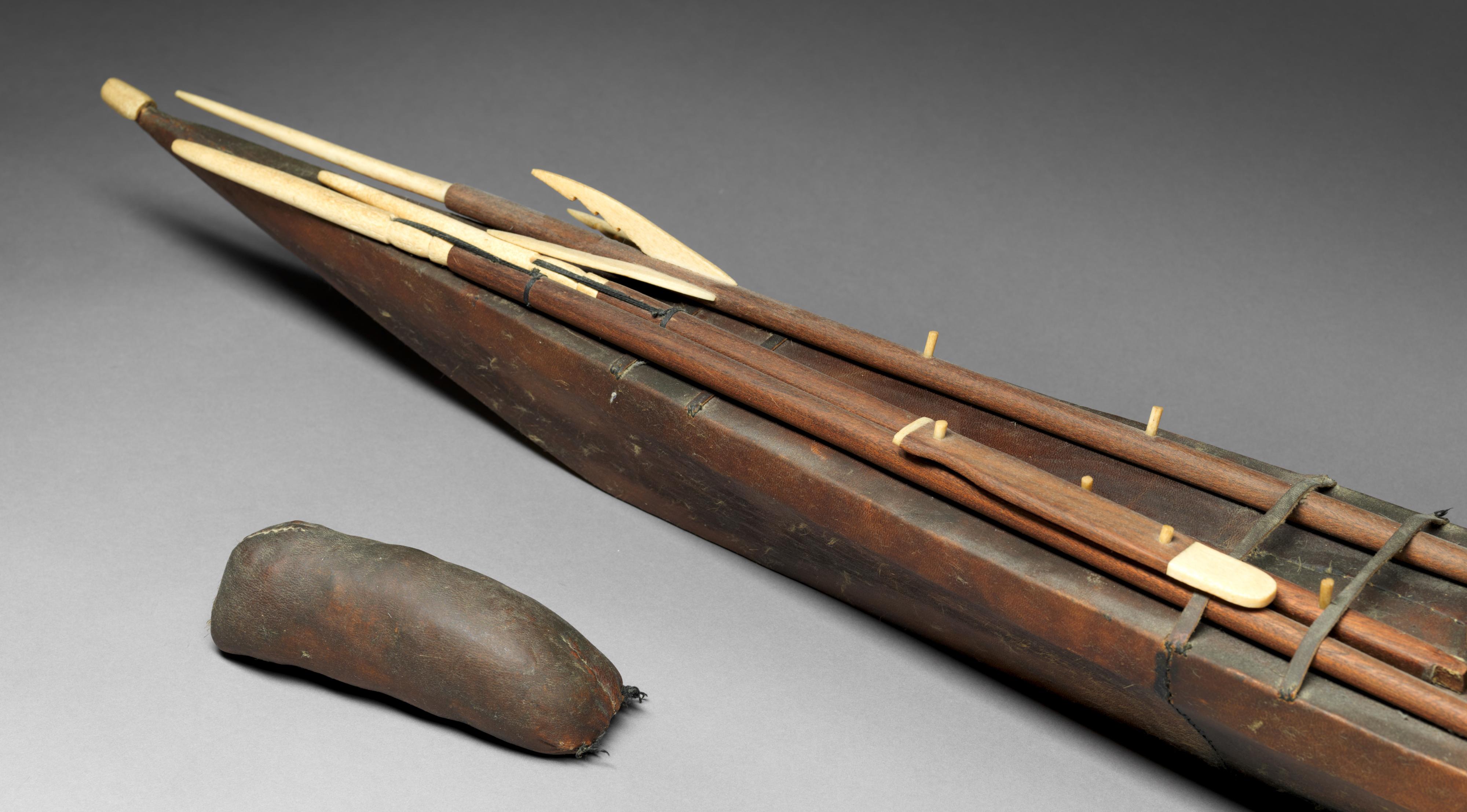 What makes this model so special is that all the hunting devices are still present: spears, harpoons, spear thrower, wood float board, and bladder, paddles and other equipment used for seal hunting. Please note how well these are made in a stunning