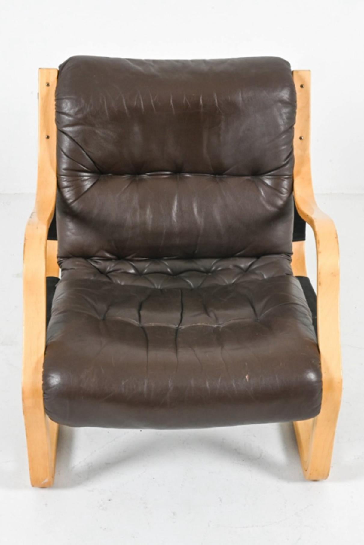 Mid-Century Modern Esko Pajamies for ASKO Leather 'Koivutaru' Lounge Chair For Sale