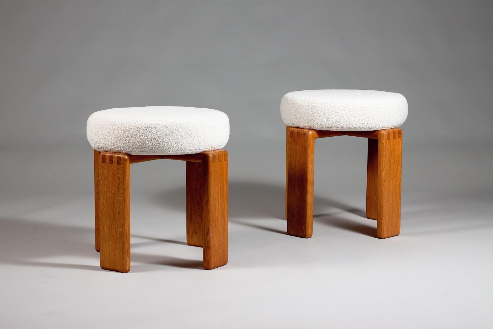 Mid-Century Modern Esko Pajamies, pair of 1960's Panderosa upholstered oak stools