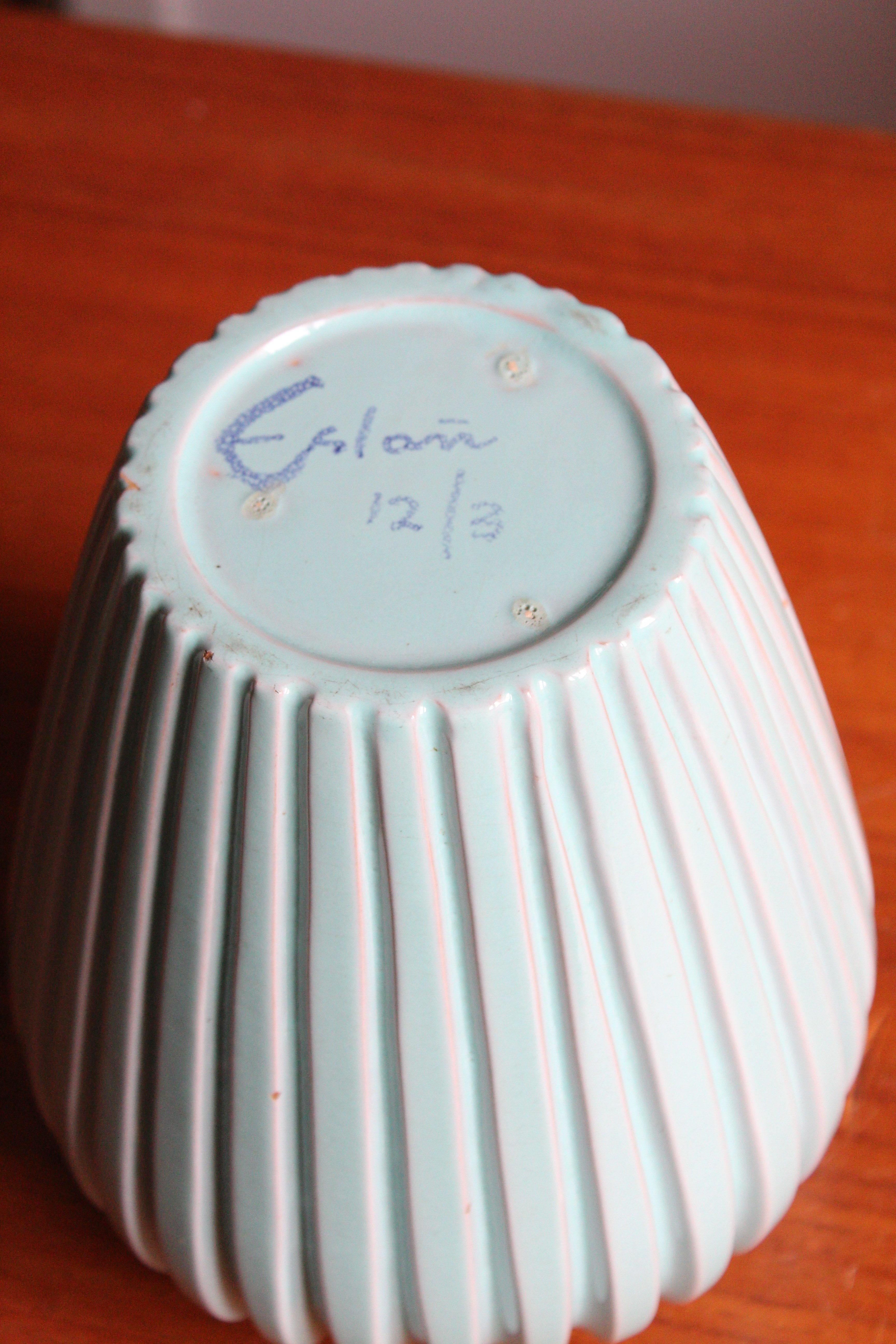 Mid-Century Modern Eslau Keramik, Fluted Vase, Blue Glazed Stoneware, Denmark, 1950s