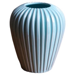Eslau Keramik, Fluted Vase, Blue Glazed Stoneware, Denmark, 1950s