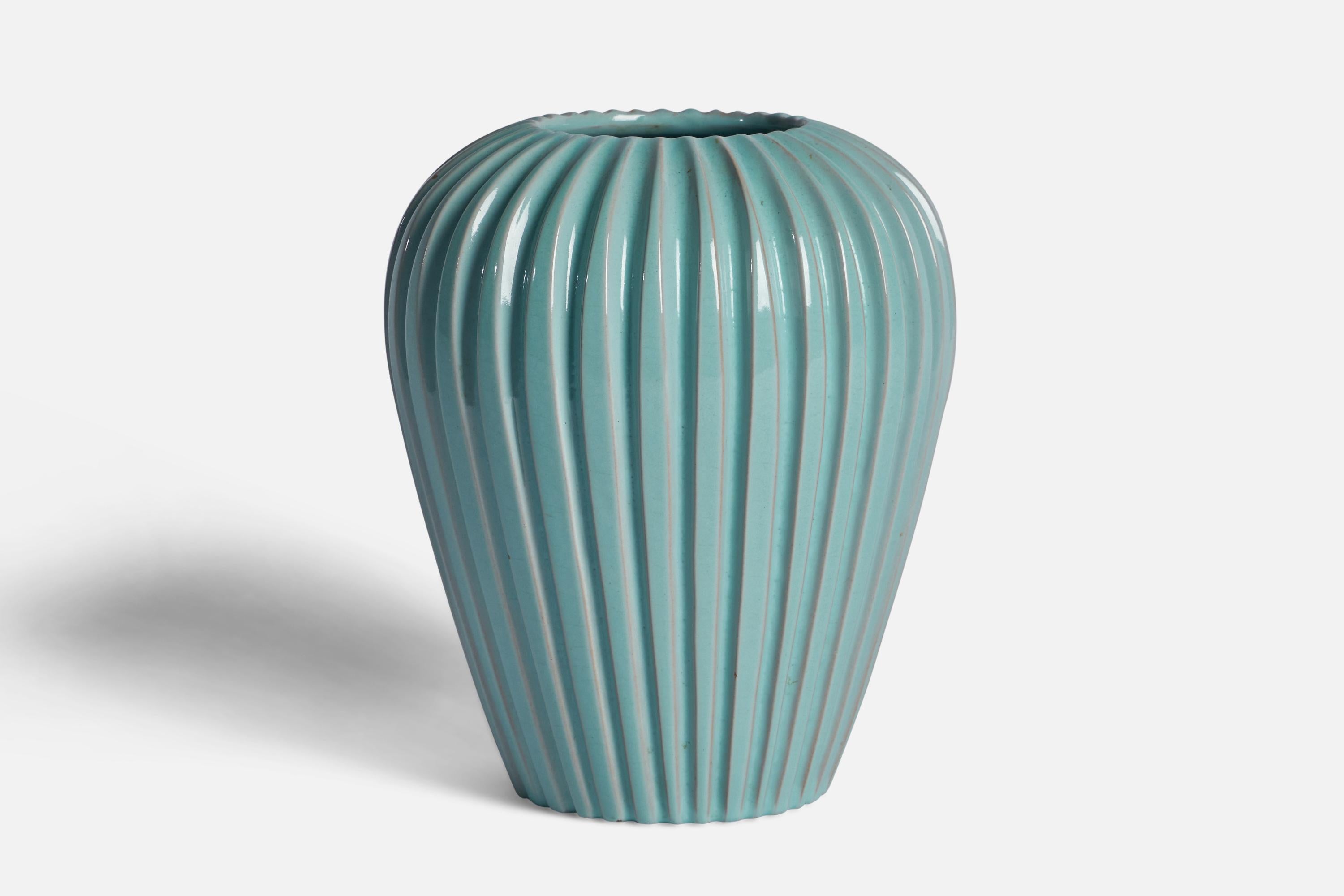 A teal-glazed fluted stoneware vase designed and produced by Eslau Keramik, Denmark, c. 1950s.